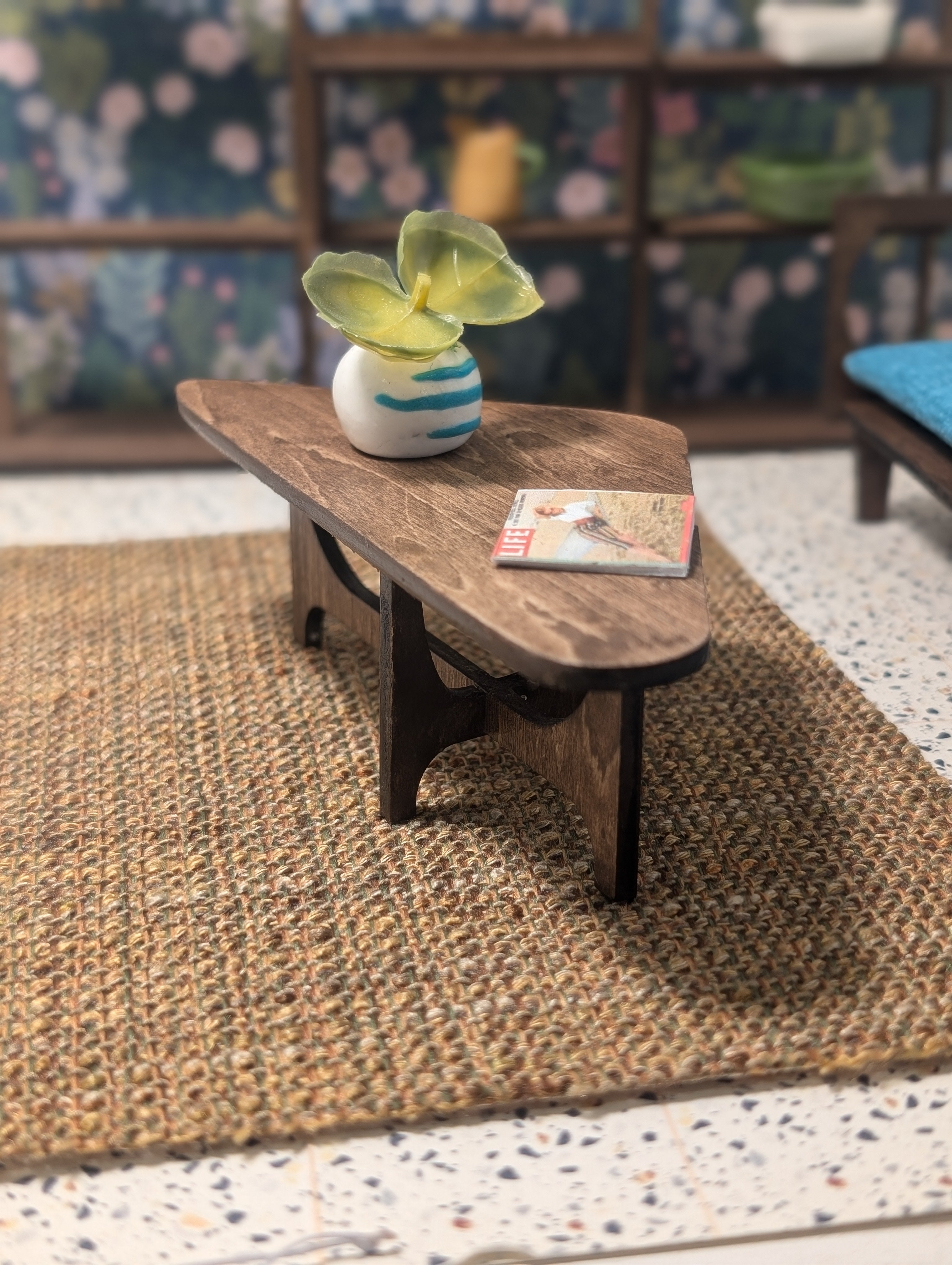 Mid Century Modern Triangular Coffee Table Miniature, 1:12 Scale Dollhouse Furniture