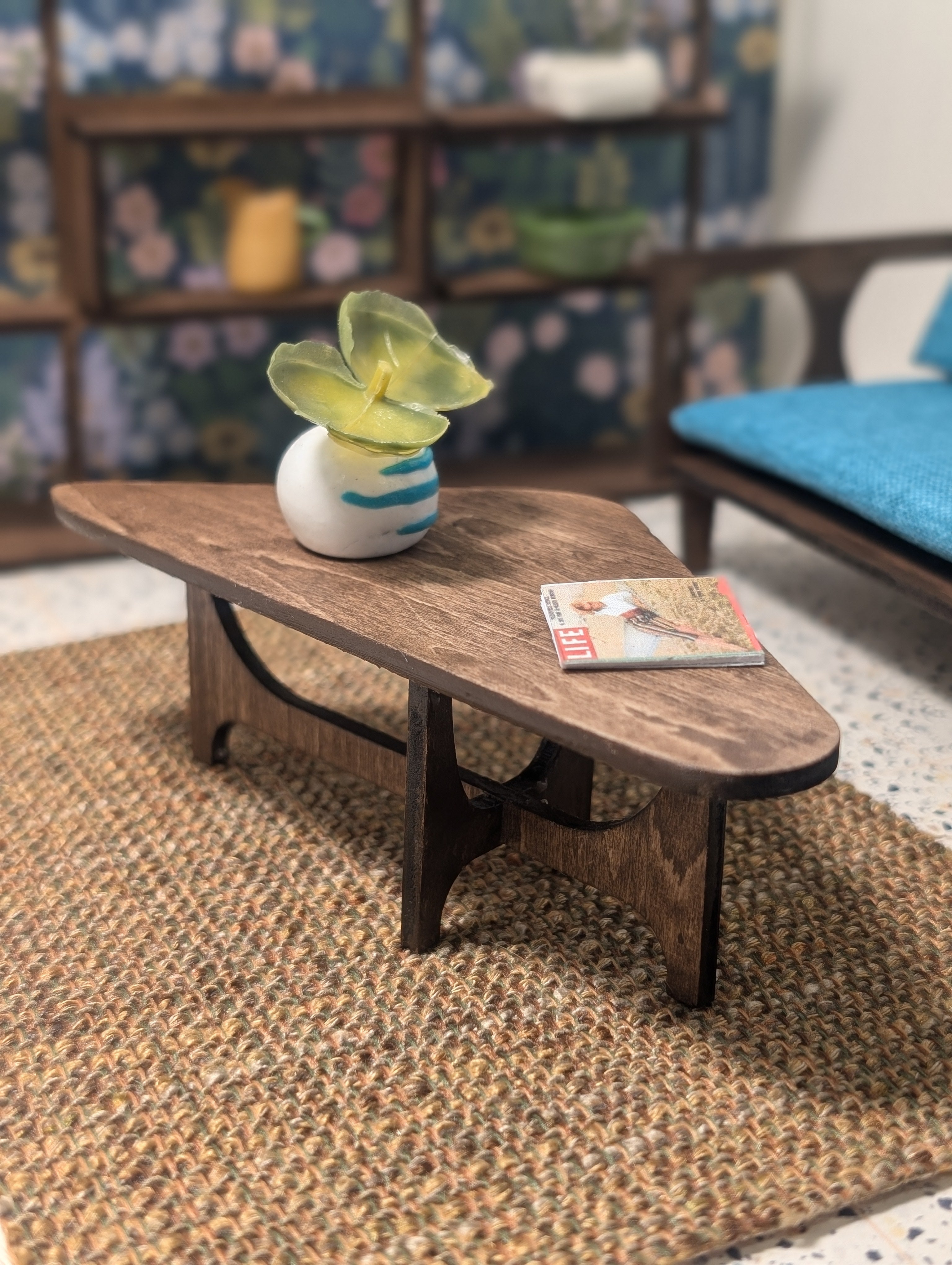 Mid Century Modern Triangular Coffee Table Miniature, 1:12 Scale Dollhouse Furniture