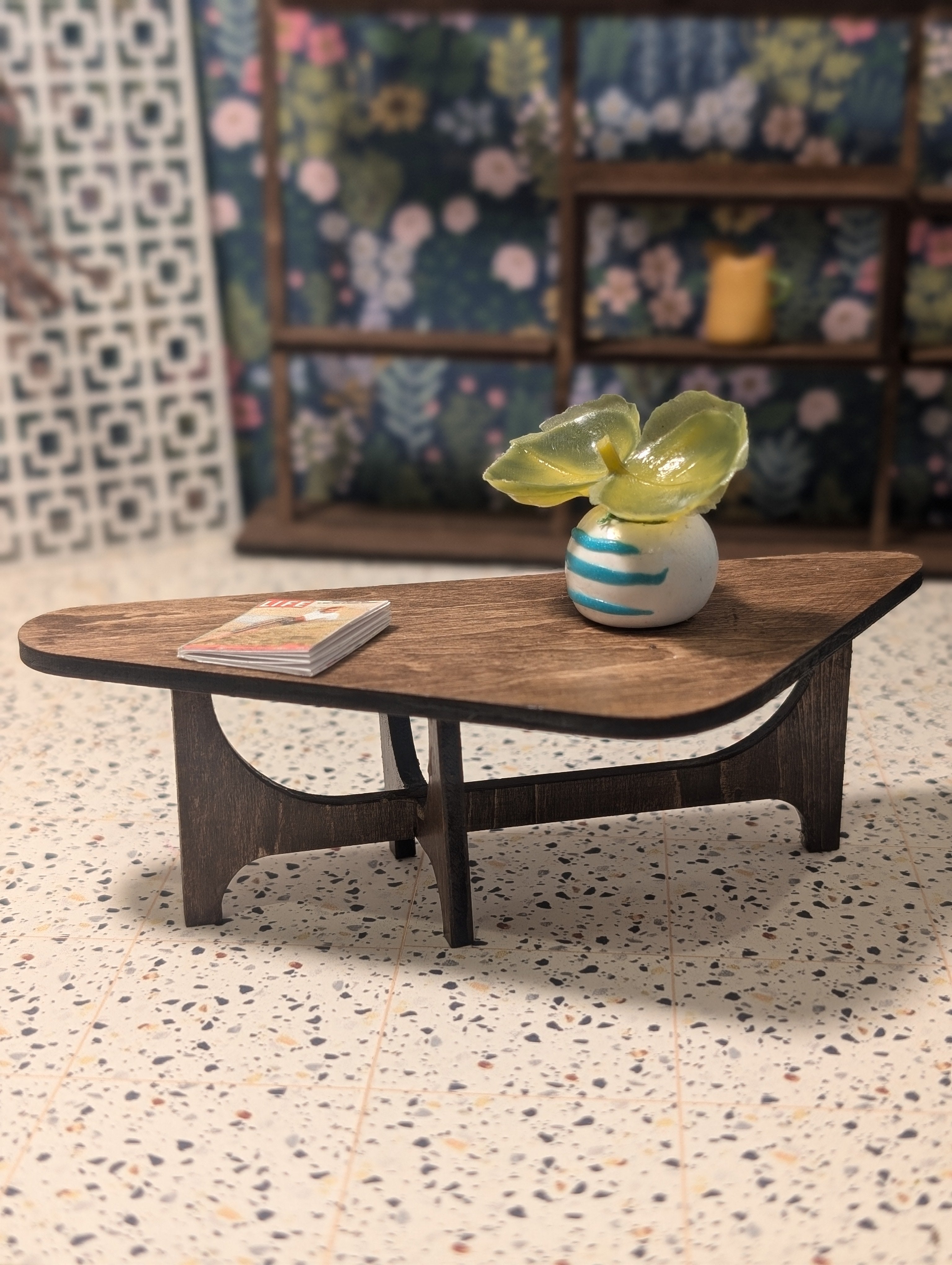 Mid Century Modern Triangular Coffee Table Miniature, 1:12 Scale Dollhouse Furniture