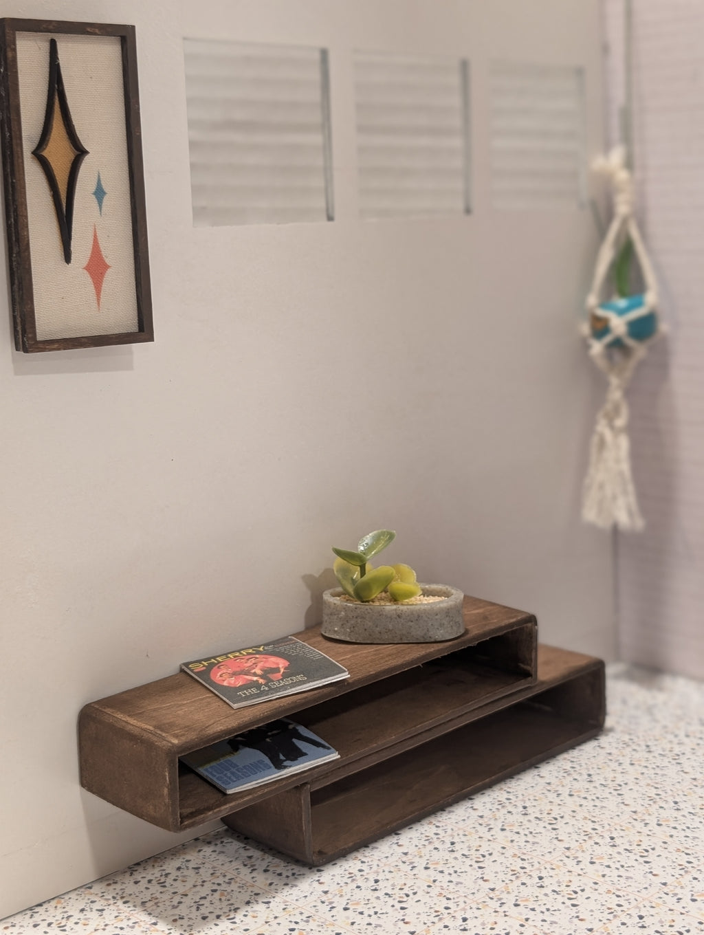 Mid Century Modern (MCM) Miniature Wall Art: Wood & Fabric Geometric Starburst Atomic  or Diamond Dollhouse Decor