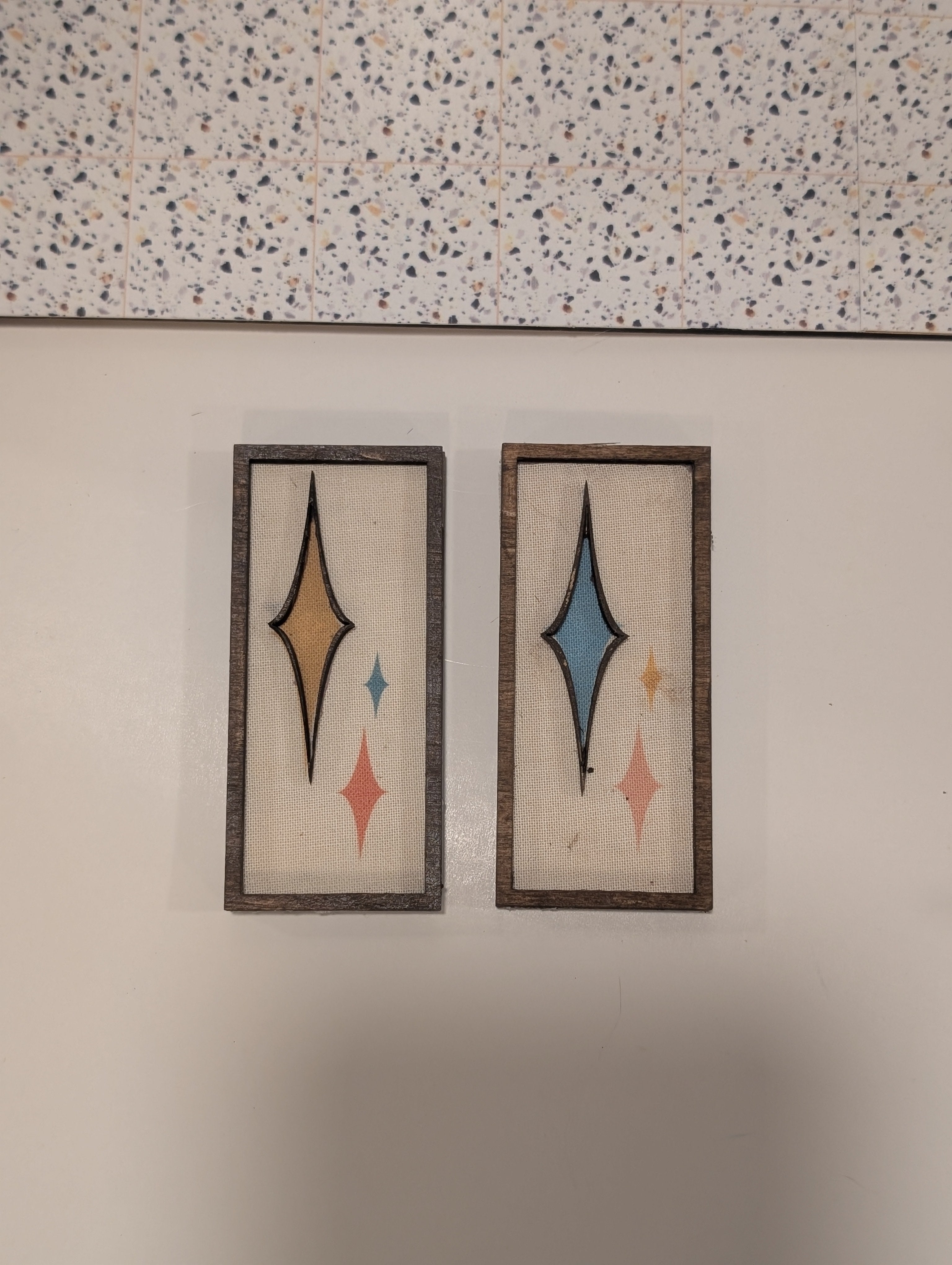 Mid Century Modern (MCM) Miniature Wall Art: Wood & Fabric Geometric Starburst Atomic  or Diamond Dollhouse Decor