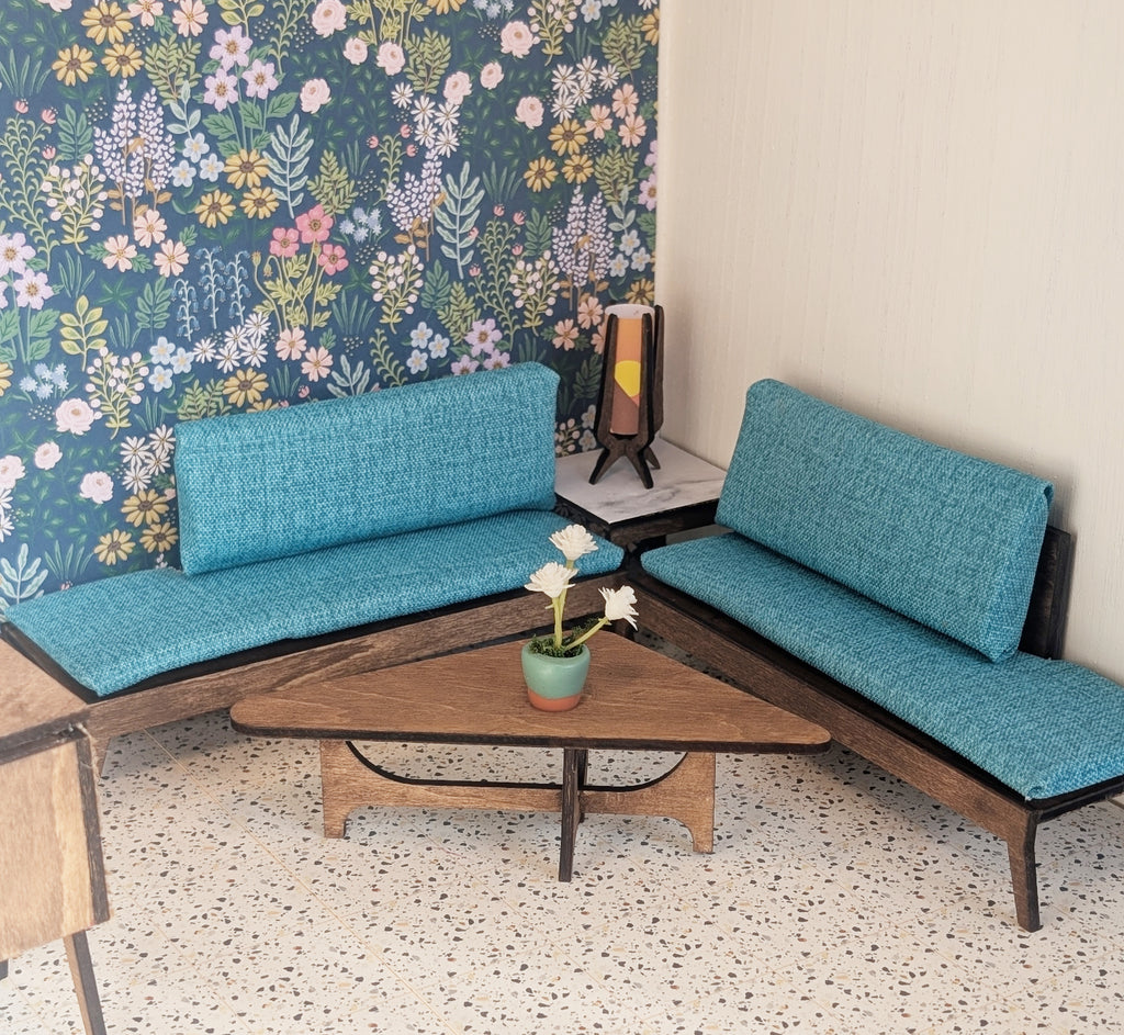 Mid Century Sectional Sofa & Side Table Set - Miniature 1:12 Scale; Room Box; Dollhouse Decor