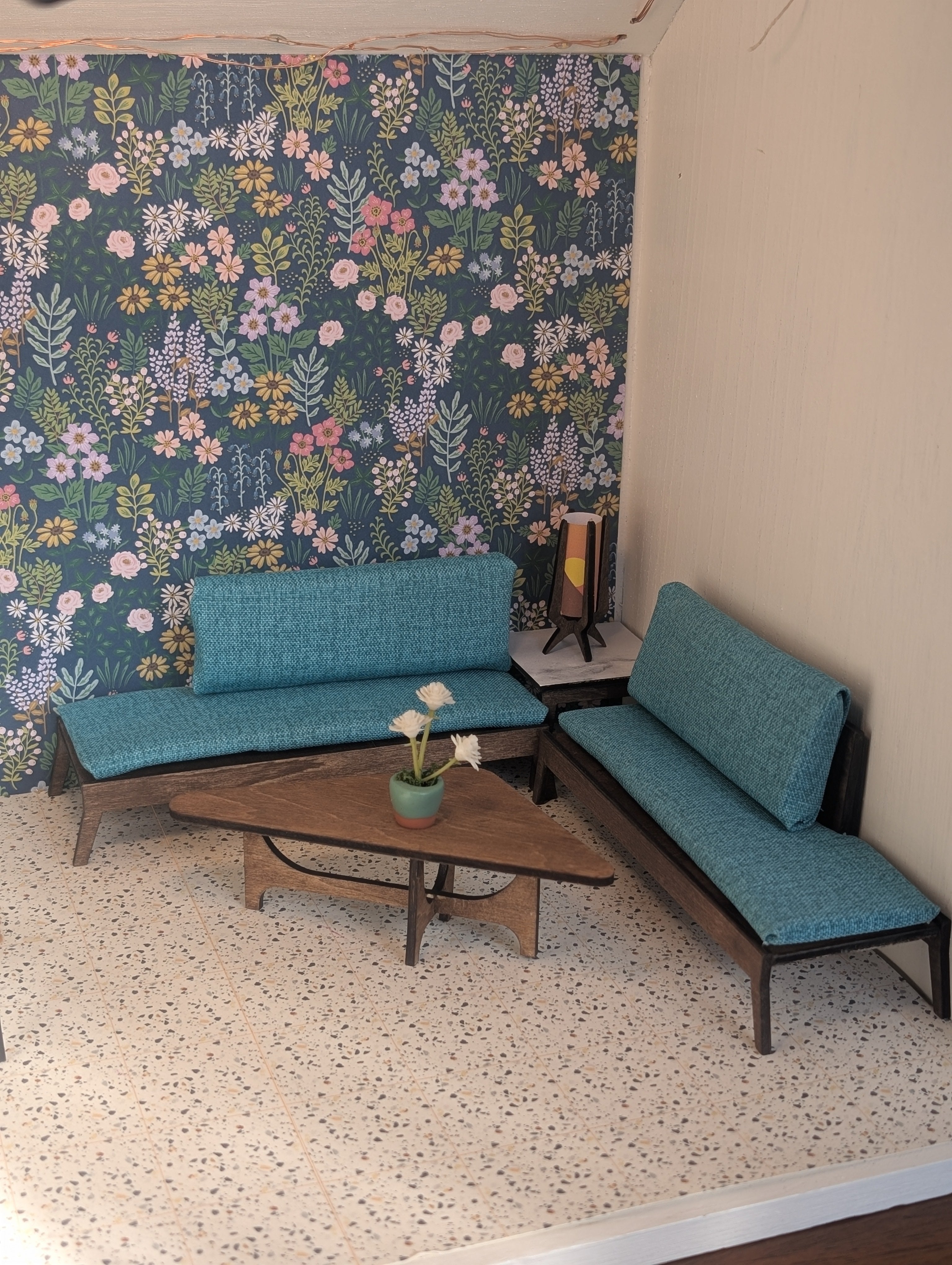 Mid Century Modern Triangular Coffee Table Miniature, 1:12 Scale Dollhouse Furniture