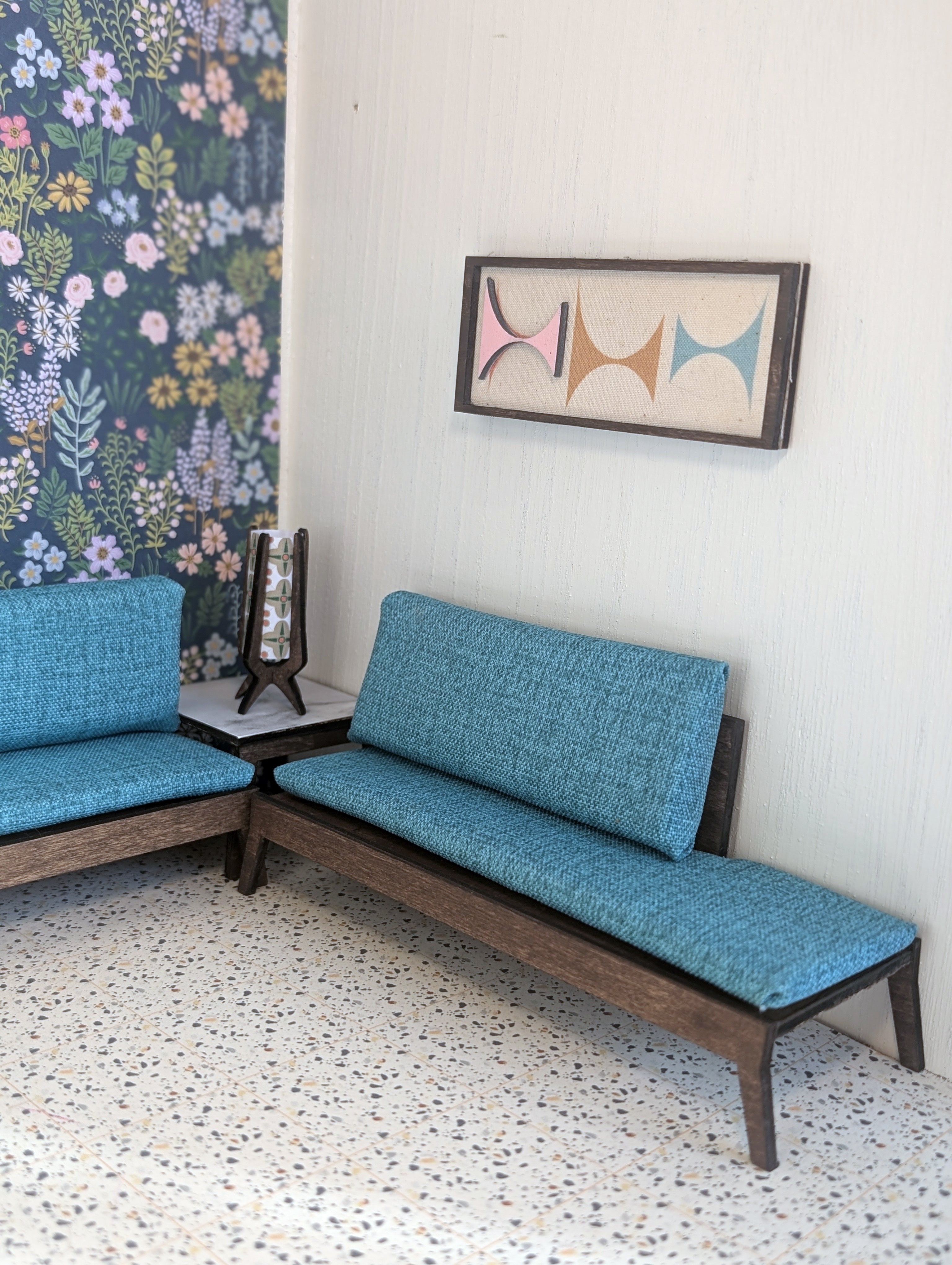 Mid Century Sectional Sofa & Side Table Set - Miniature 1:12 Scale; Room Box; Dollhouse Decor