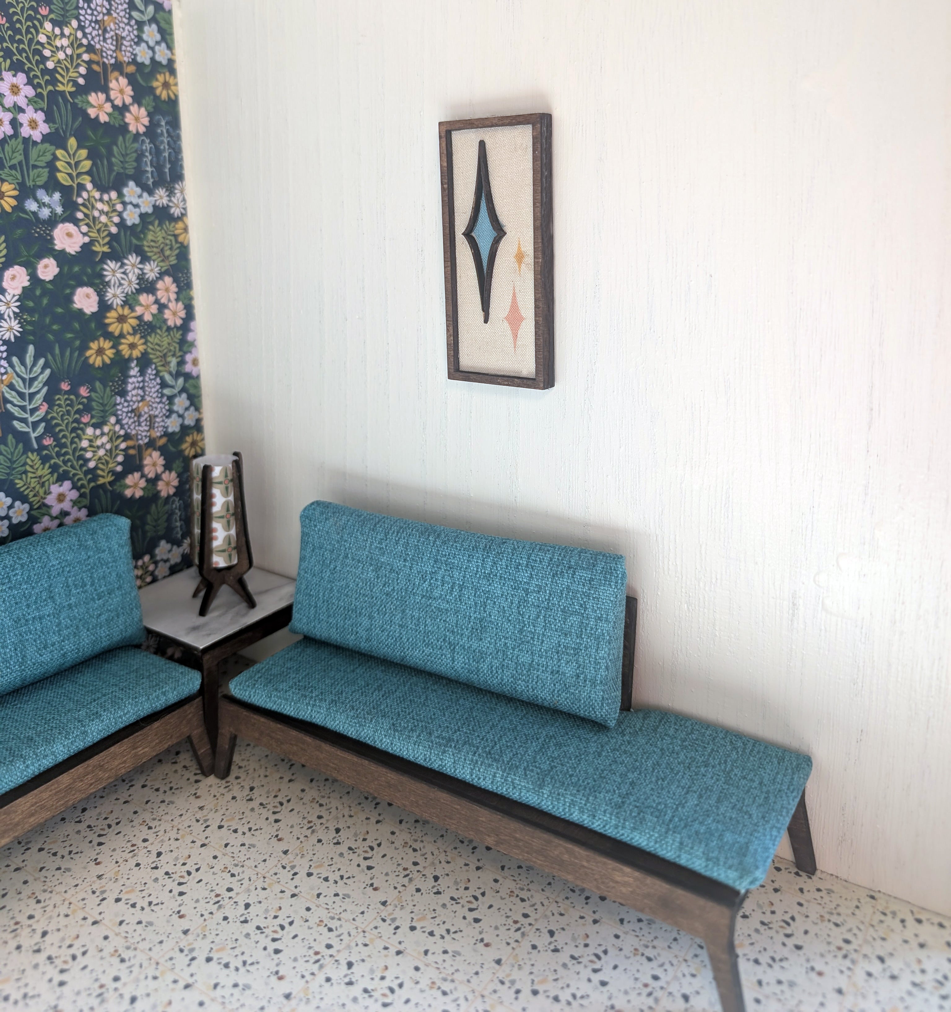 Mid Century Modern (MCM) Miniature Wall Art: Wood & Fabric Geometric Starburst Atomic  or Diamond Dollhouse Decor