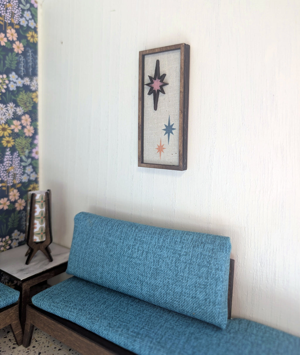 Mid Century Modern (MCM) Miniature Wall Art: Wood & Fabric Geometric Starburst Atomic  or Diamond Dollhouse Decor