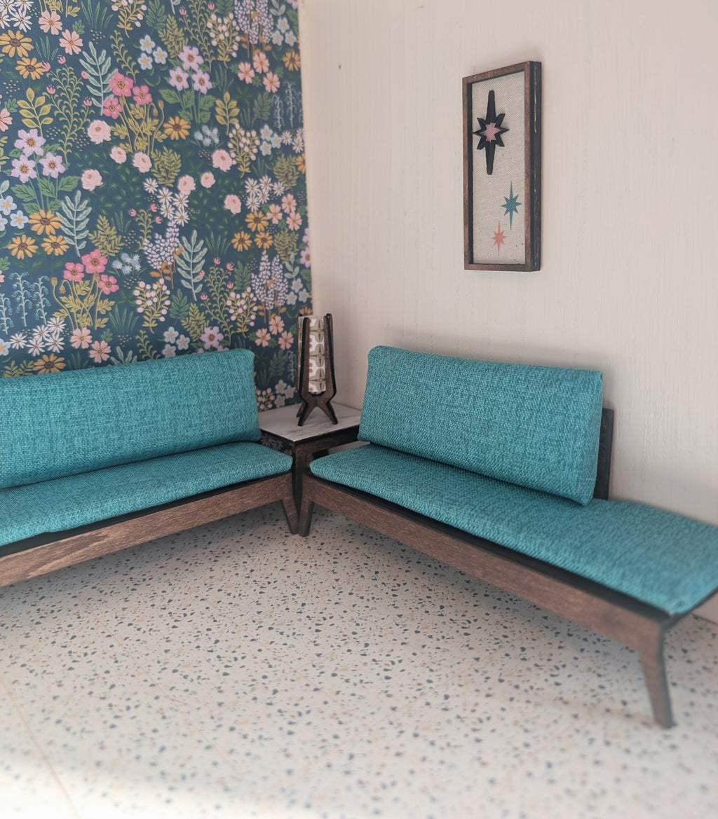 Mid Century Modern (MCM) Miniature Wall Art: Wood & Fabric Geometric Starburst Atomic  or Diamond Dollhouse Decor