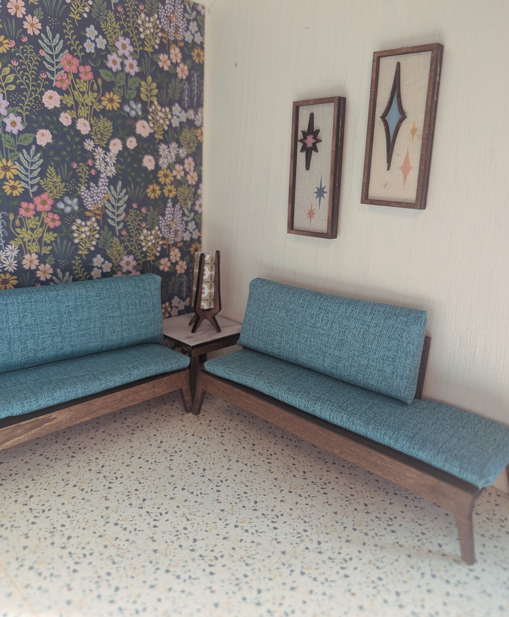 Mid Century Modern (MCM) Miniature Wall Art: Wood & Fabric Geometric Starburst Atomic  or Diamond Dollhouse Decor