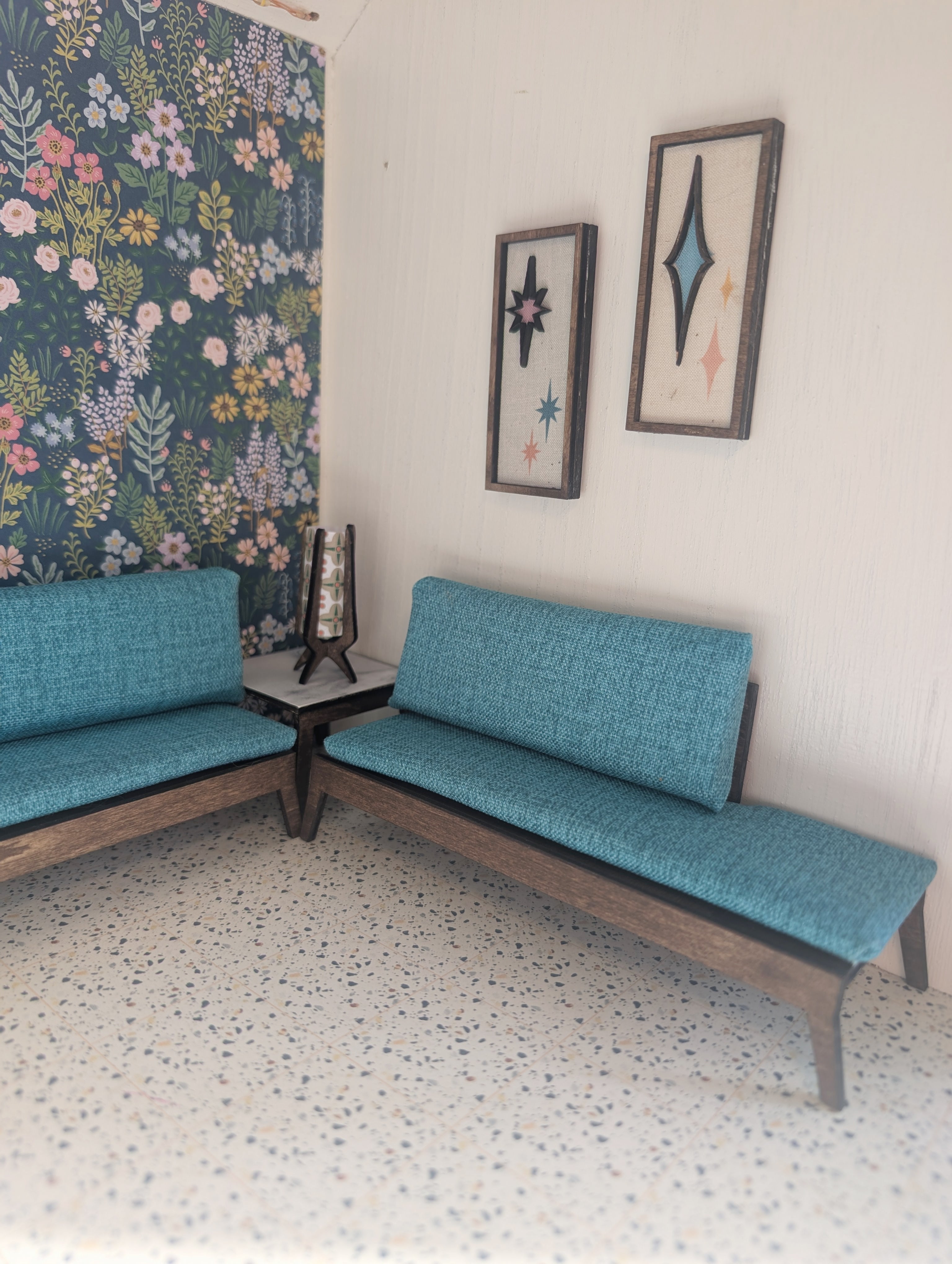 Mid Century Modern (MCM) Miniature Wall Art: Wood & Fabric Geometric Starburst Atomic  or Diamond Dollhouse Decor