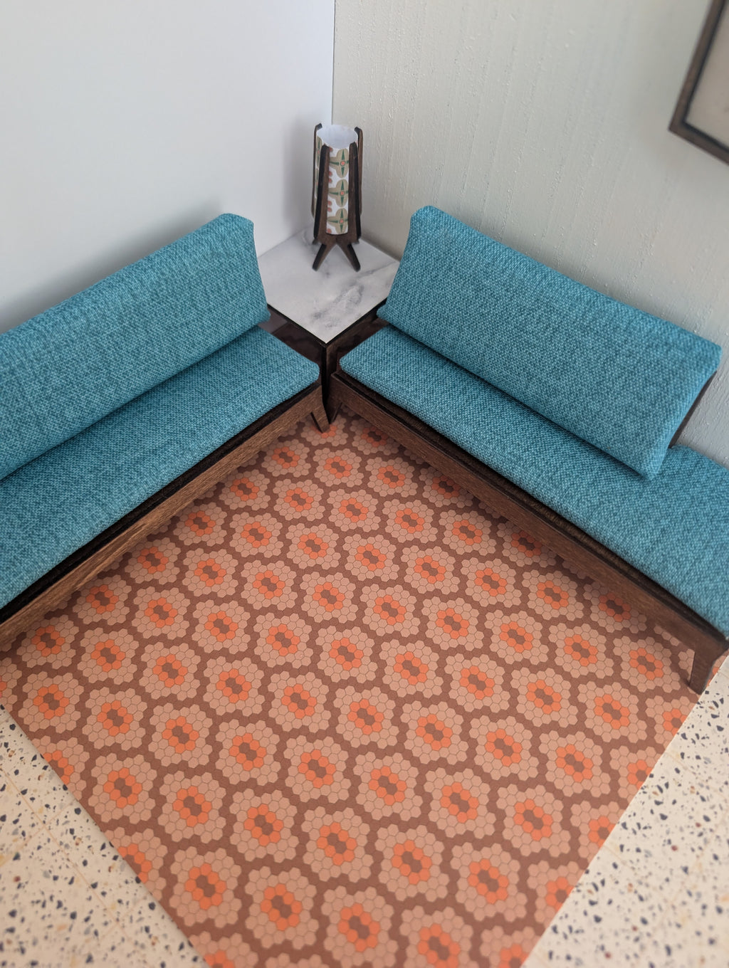 Mid Century Sectional Sofa & Side Table Set - Miniature 1:12 Scale; Room Box; Dollhouse Decor
