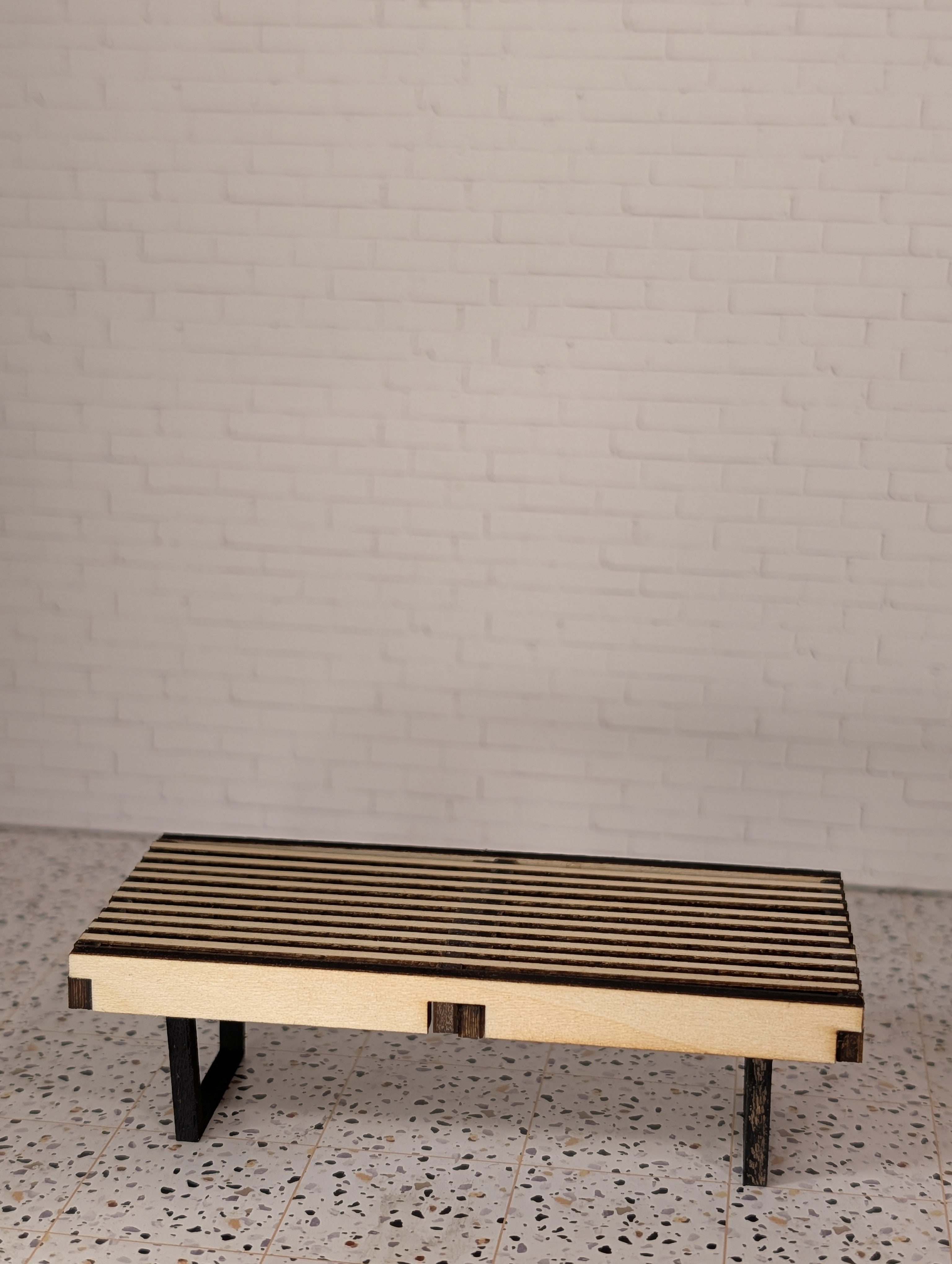 Mid Century Modern (MCM) George Nelson Inspired Miniature Bench | 1:12 Scale Modern Dollhouse Decor | Slatted Wood Platform Table | Minimalist MCM Miniature