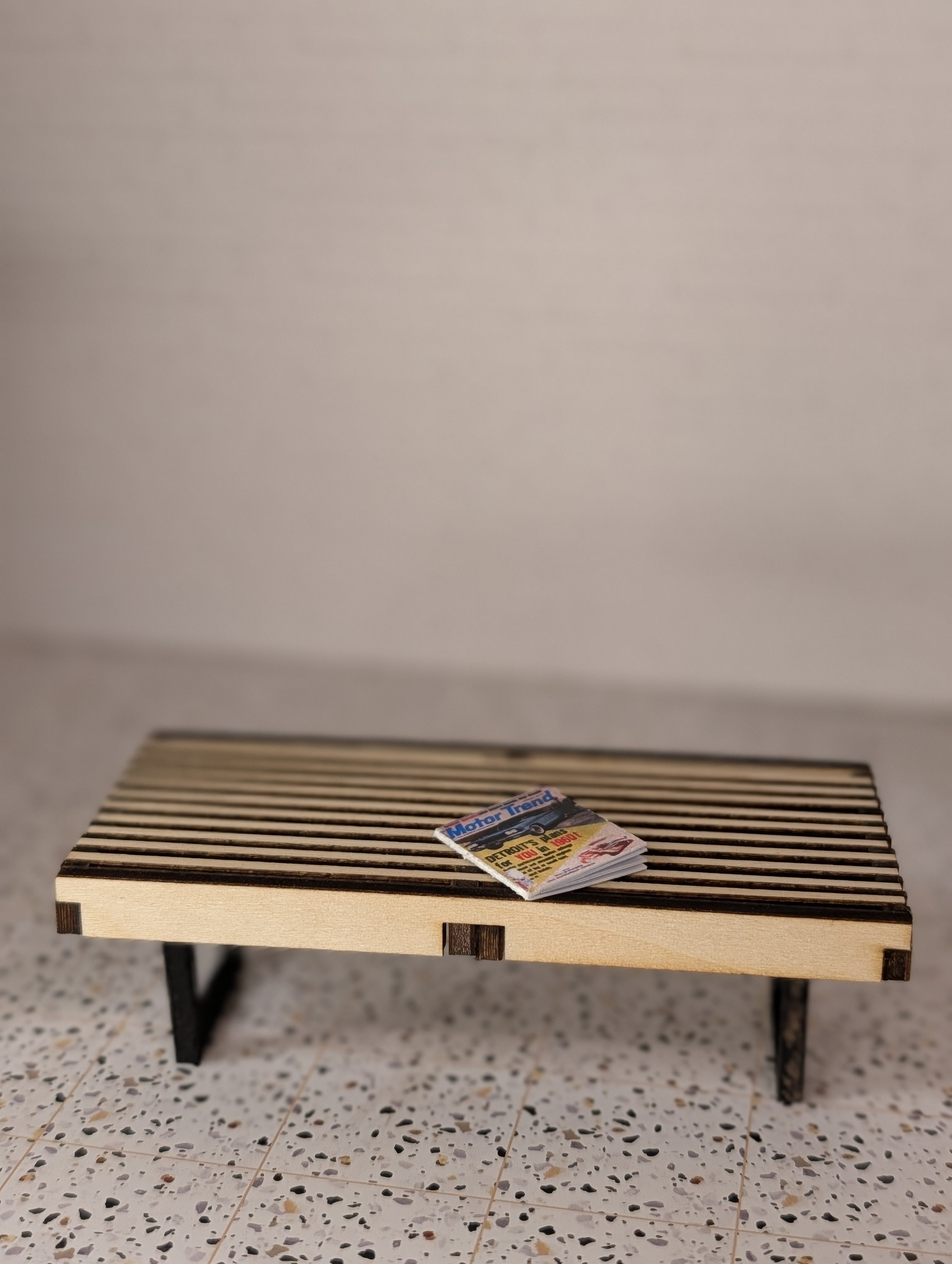 Mid Century Modern (MCM) George Nelson Inspired Miniature Bench | 1:12 Scale Modern Dollhouse Decor | Slatted Wood Platform Table | Minimalist MCM Miniature