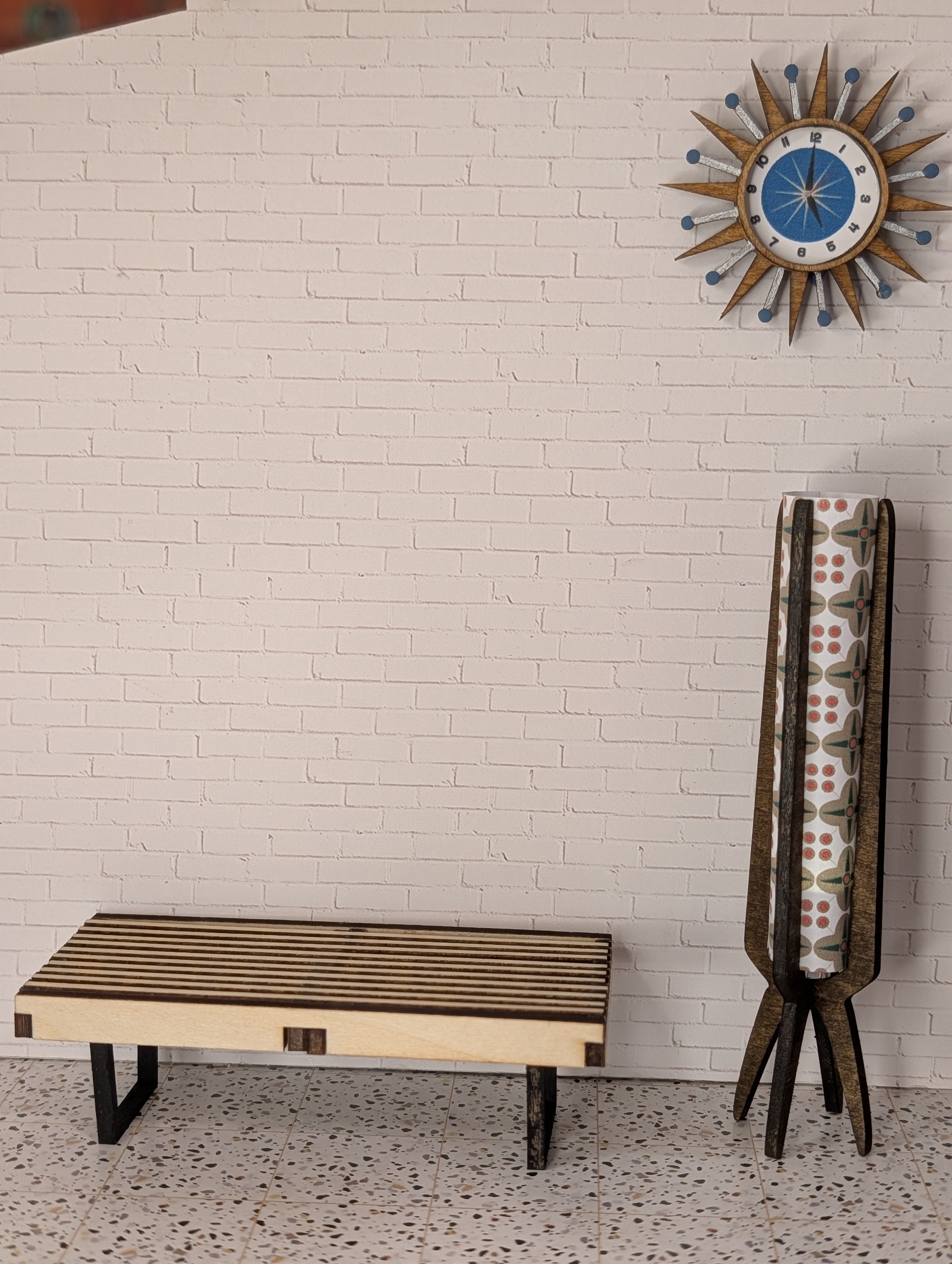 Mid Century Modern (MCM) George Nelson Inspired Miniature Bench | 1:12 Scale Modern Dollhouse Decor | Slatted Wood Platform Table | Minimalist MCM Miniature