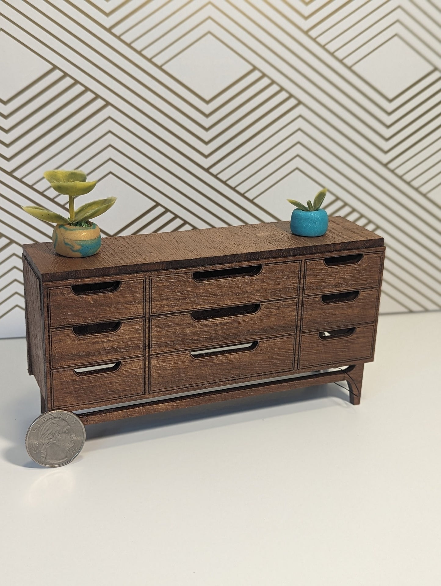 Mid Century 9 Drawer Dresser Miniature