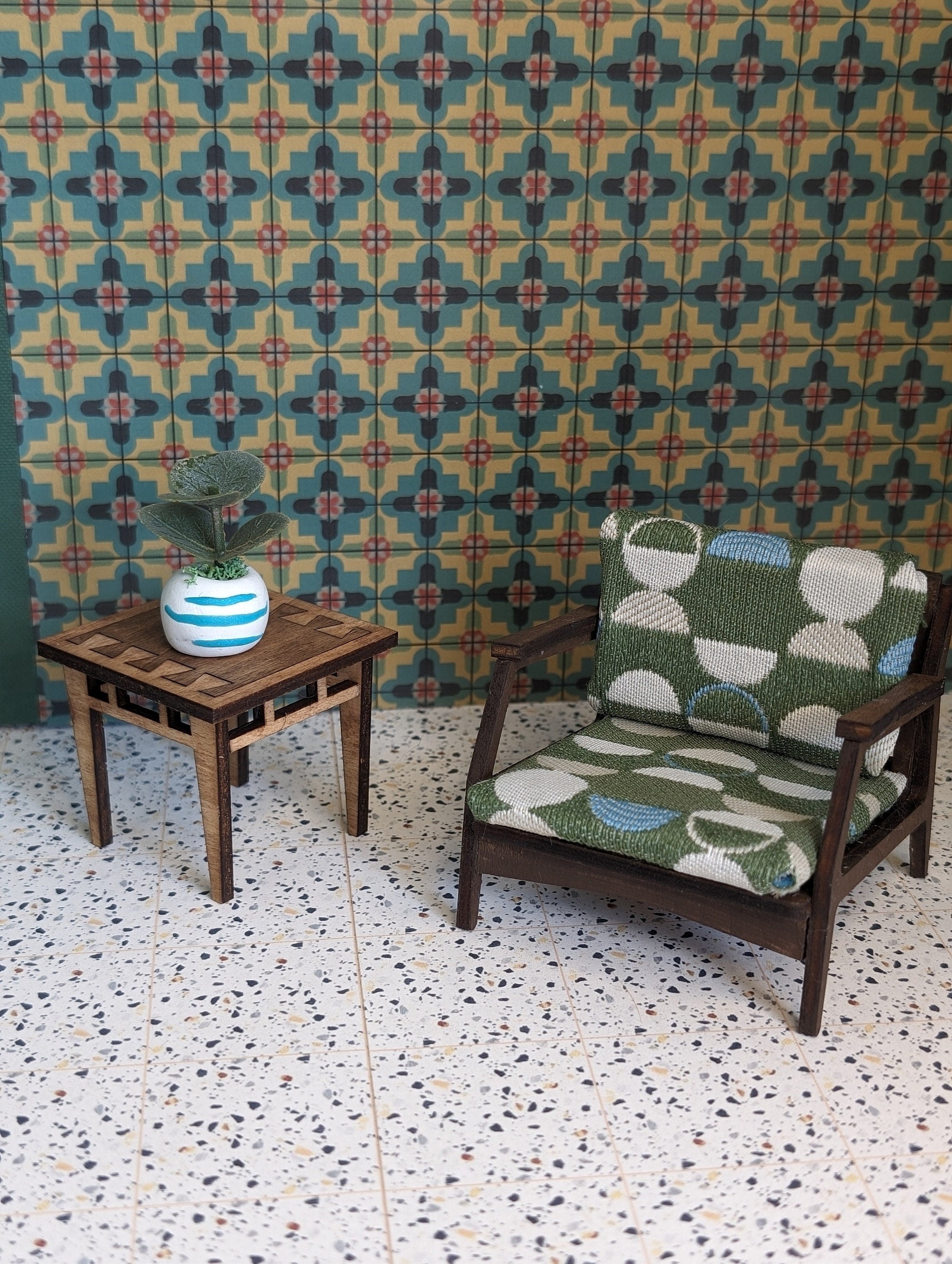 Mid Century Modern (MCM) Lane "Acclaim" Walnut and Ash Side Table - Miniature 1:12 Scale, Dollhouse furniture; Room box decor