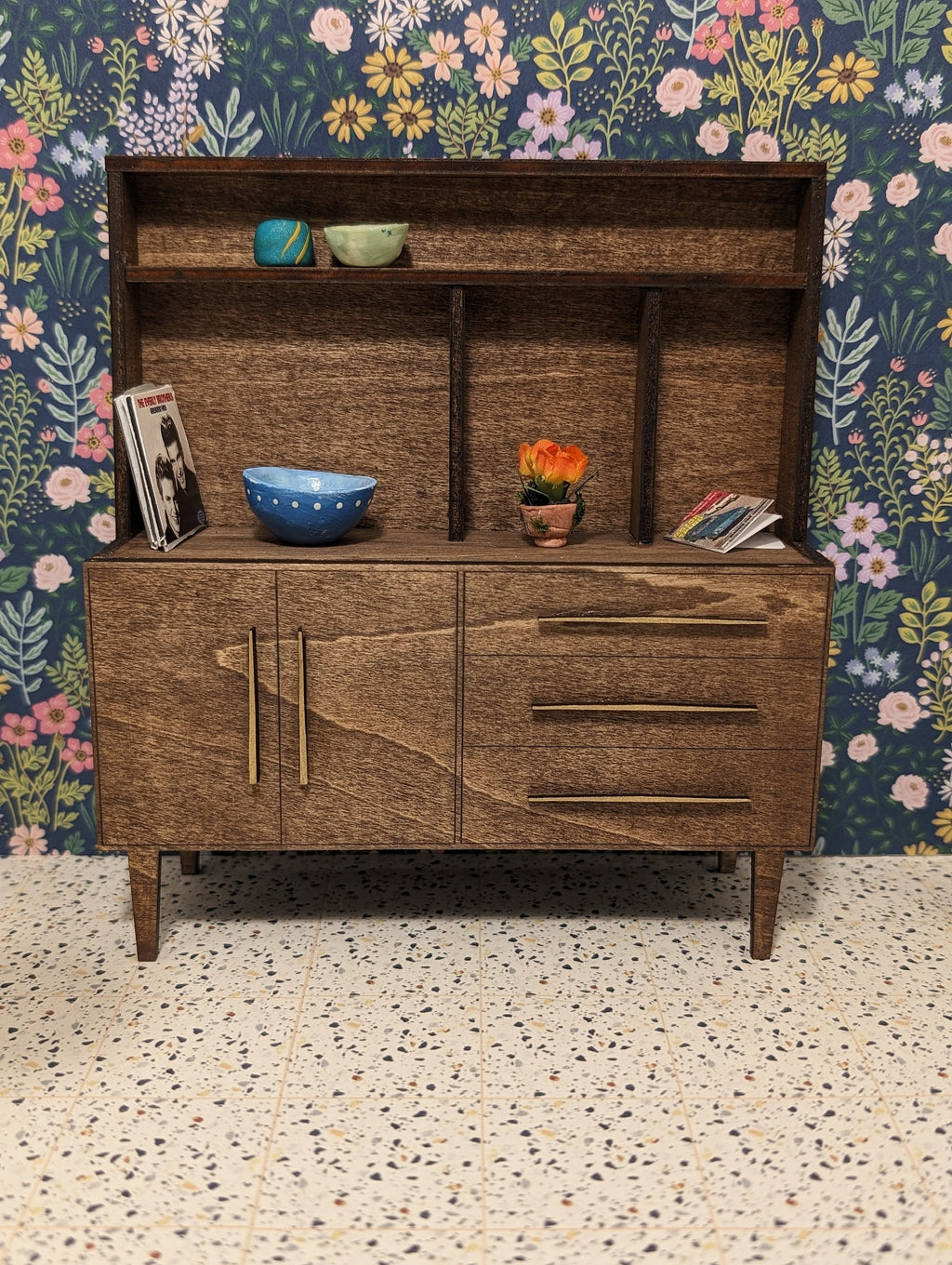 Mid Century Modern (MCM) Walnut with Gold hardware Mid Century Hutch - Miniature 1:12 Scale, Room Box, Dollhouse furniture