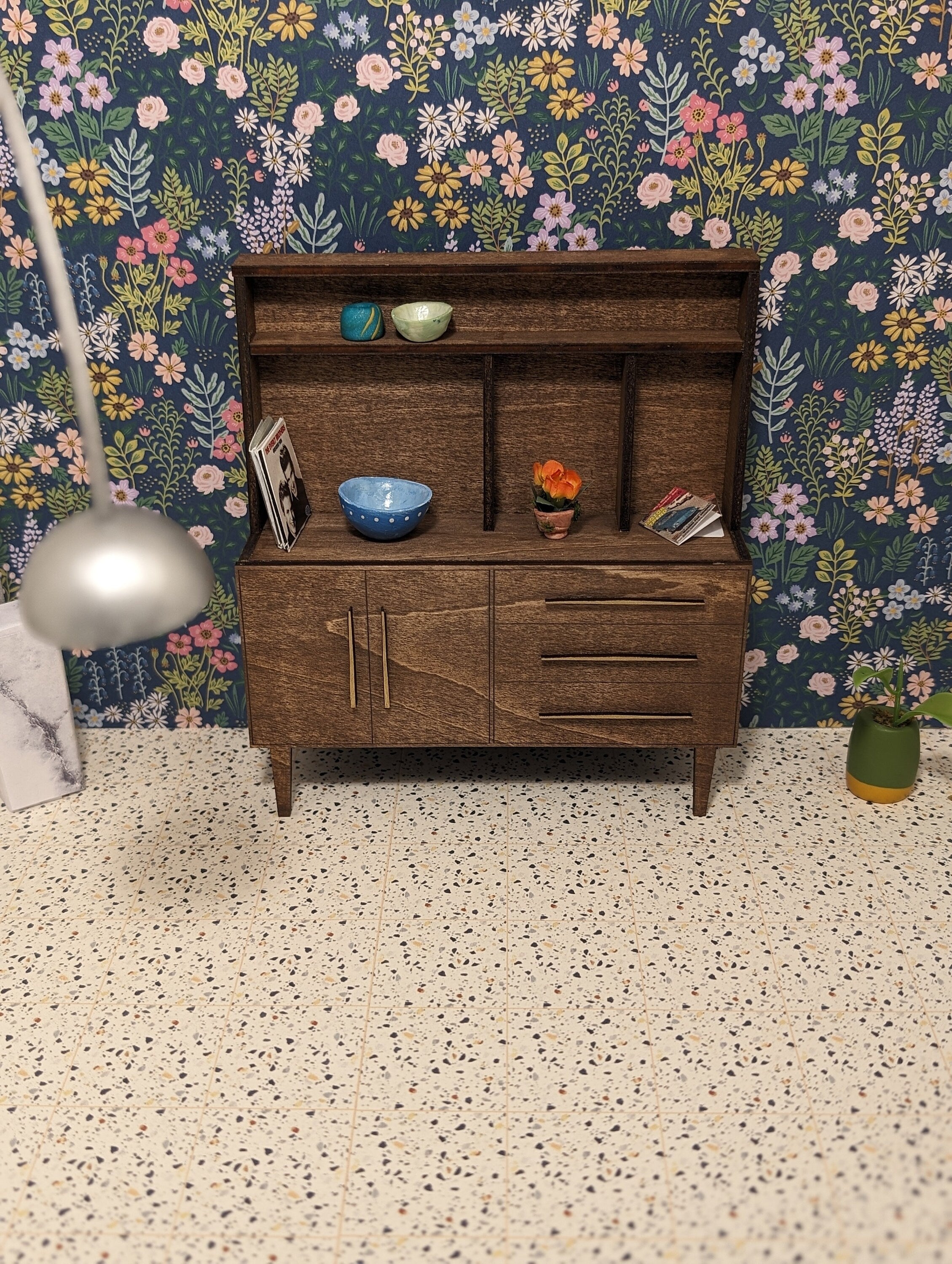 Mid Century Modern (MCM) Walnut with Gold hardware Mid Century Hutch - Miniature 1:12 Scale, Room Box, Dollhouse furniture