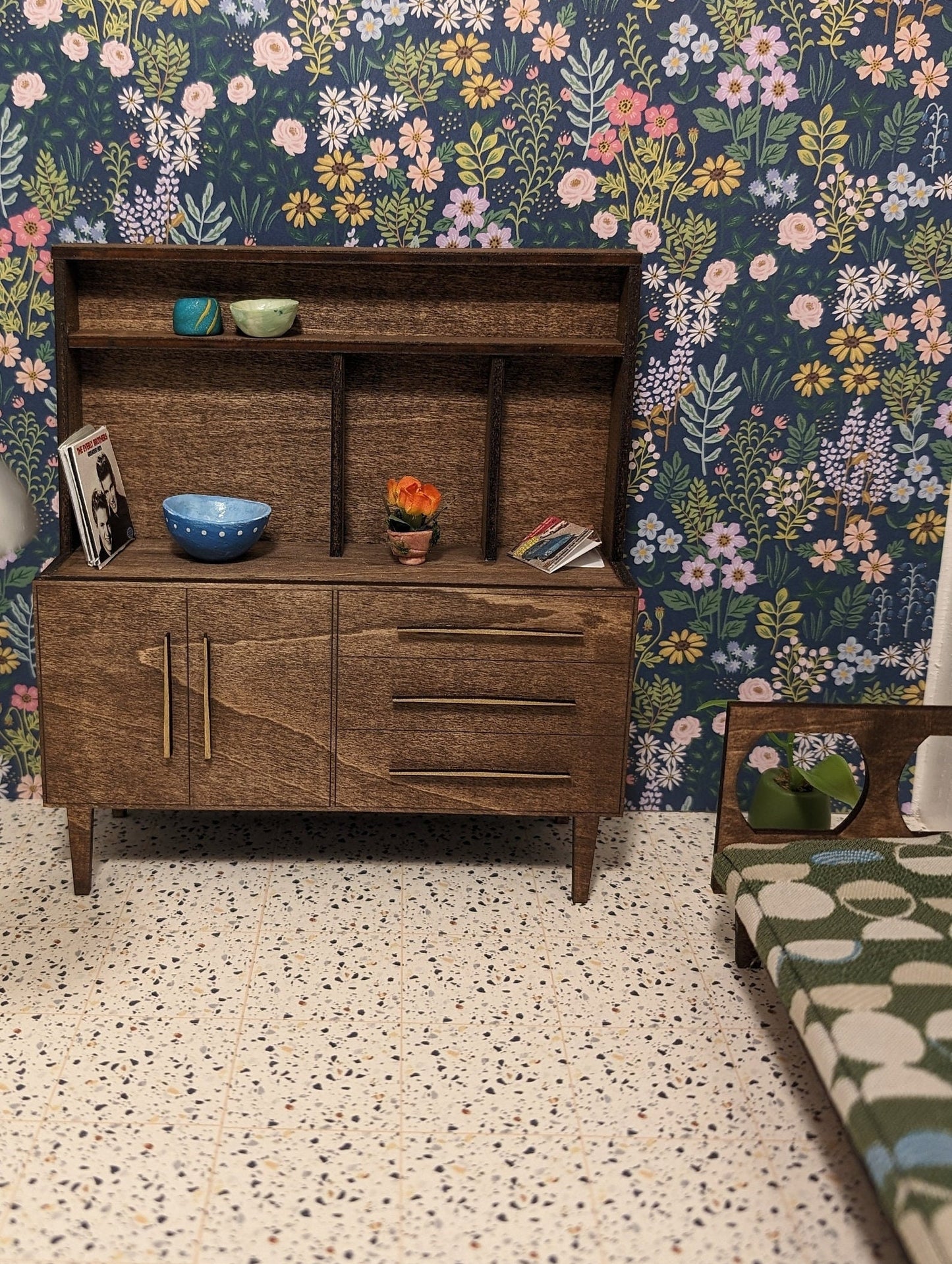 Walnut with Gold hardware Mid Century Hutch - Miniature 1:12 Scale, Room Box, Dollhouse furniture