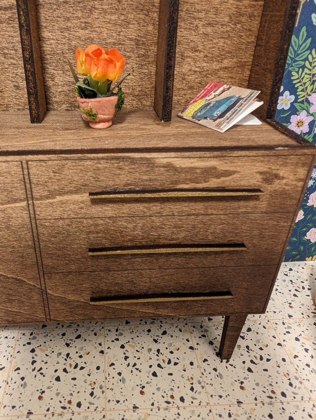 Mid Century Modern (MCM) Walnut with Gold hardware Mid Century Hutch - Miniature 1:12 Scale, Room Box, Dollhouse furniture