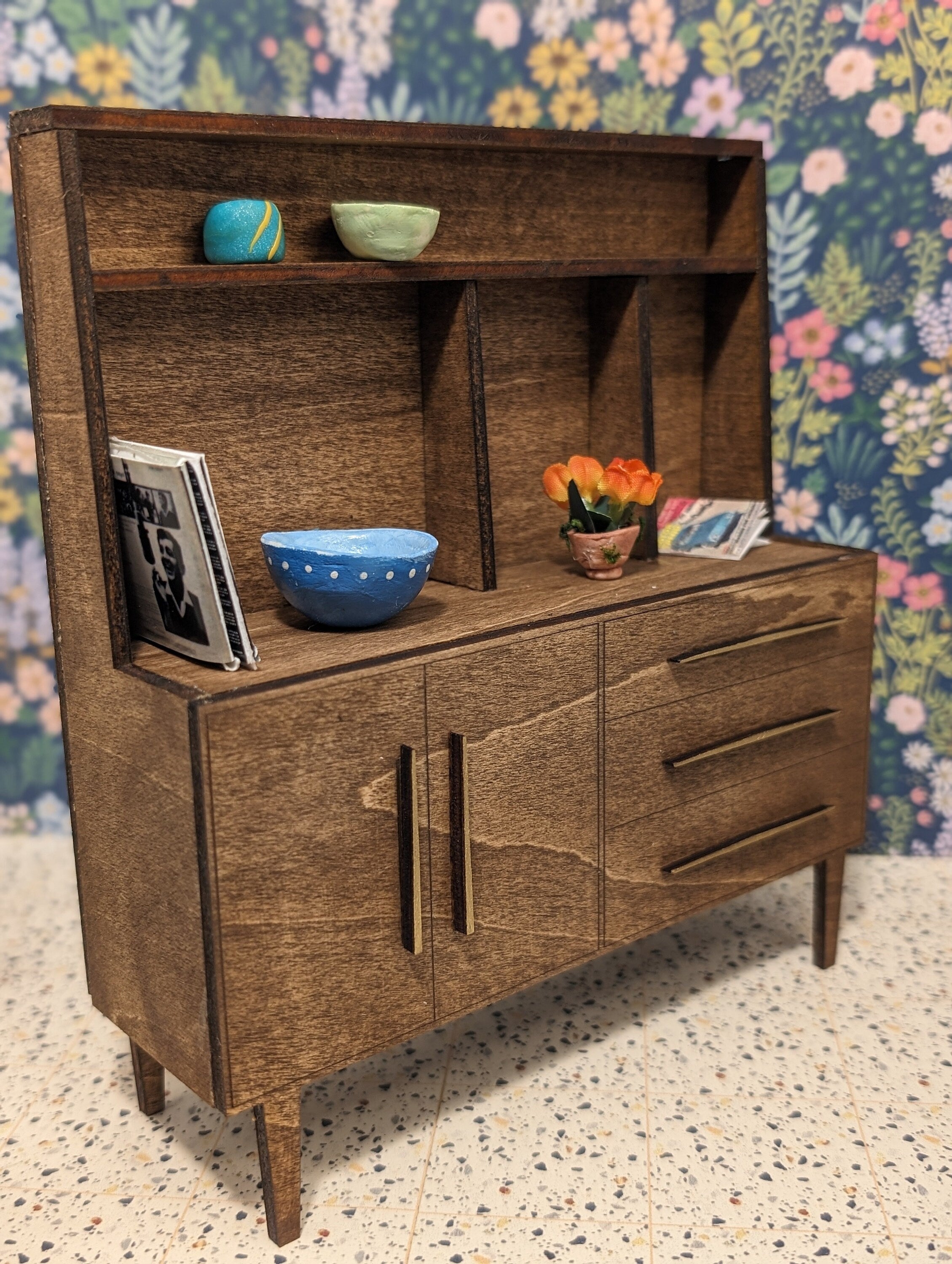 Mid Century Modern (MCM) Walnut with Gold hardware Mid Century Hutch - Miniature 1:12 Scale, Room Box, Dollhouse furniture