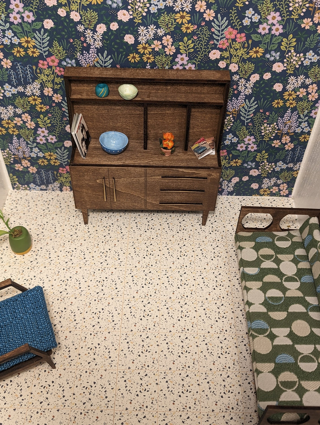 Mid Century Modern (MCM) Walnut with Gold hardware Mid Century Hutch - Miniature 1:12 Scale, Room Box, Dollhouse furniture
