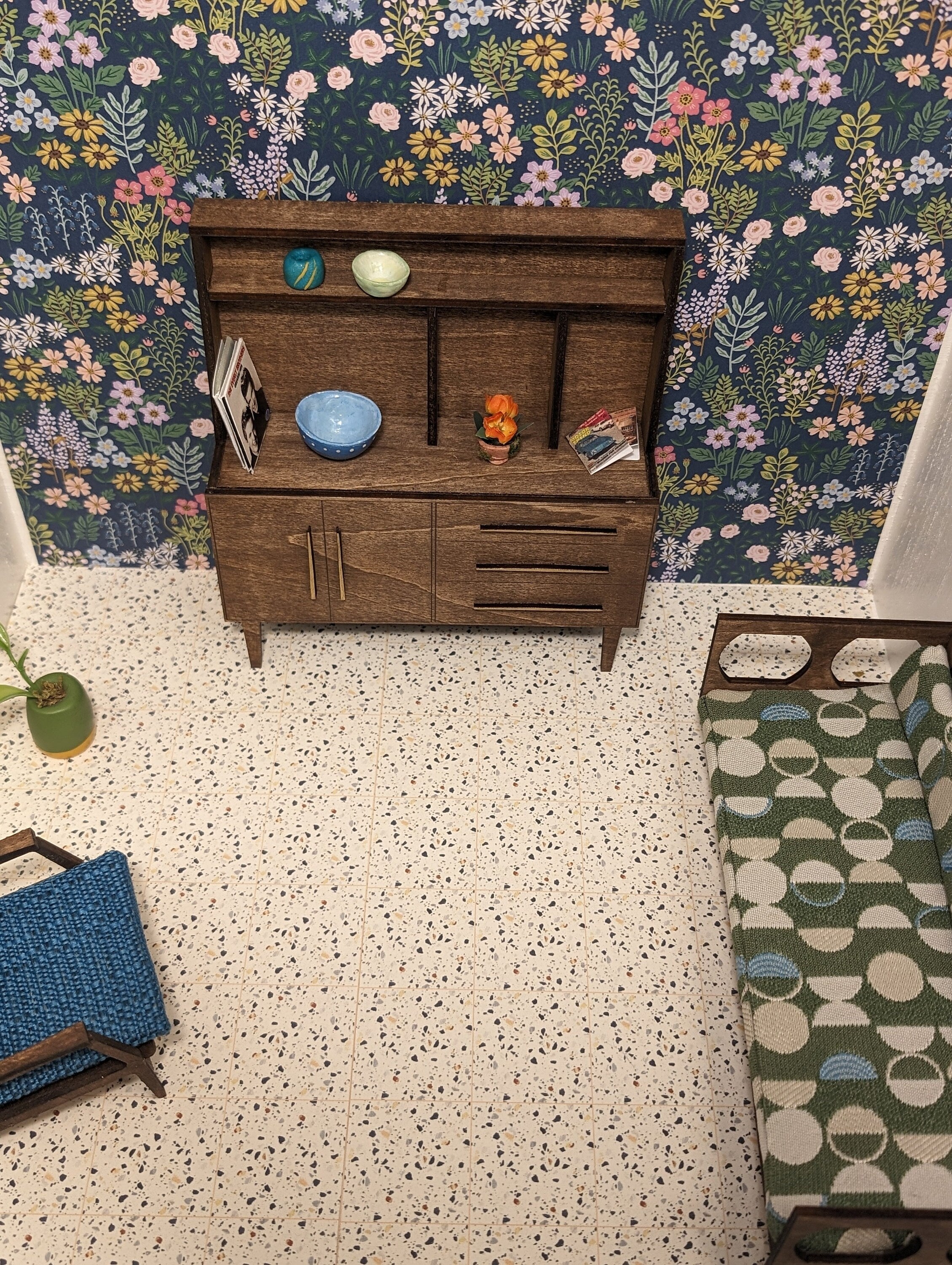 Mid Century Modern (MCM) Walnut with Gold hardware Mid Century Hutch - Miniature 1:12 Scale, Room Box, Dollhouse furniture