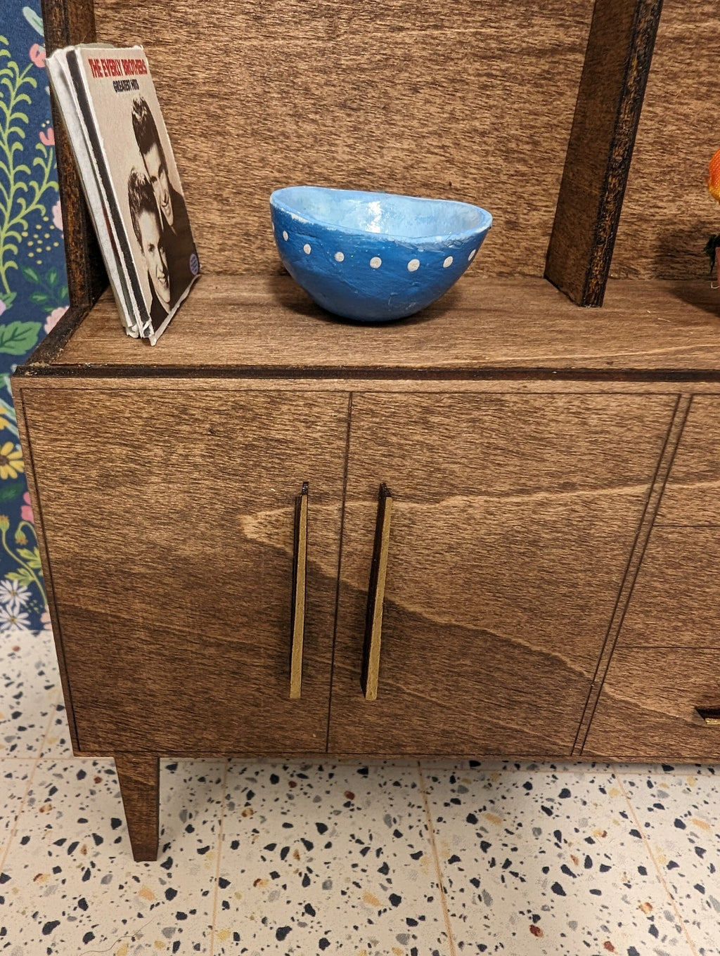 Mid Century Modern (MCM) Walnut with Gold hardware Mid Century Hutch - Miniature 1:12 Scale, Room Box, Dollhouse furniture