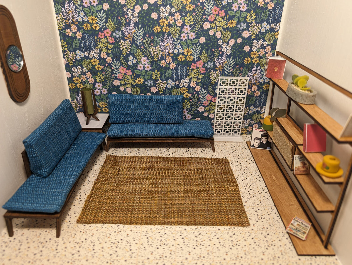 Miniature Mid-Century Modern Sectional Sofa & Marble Table - MCM Dollhouse Decor; Multiple Scales