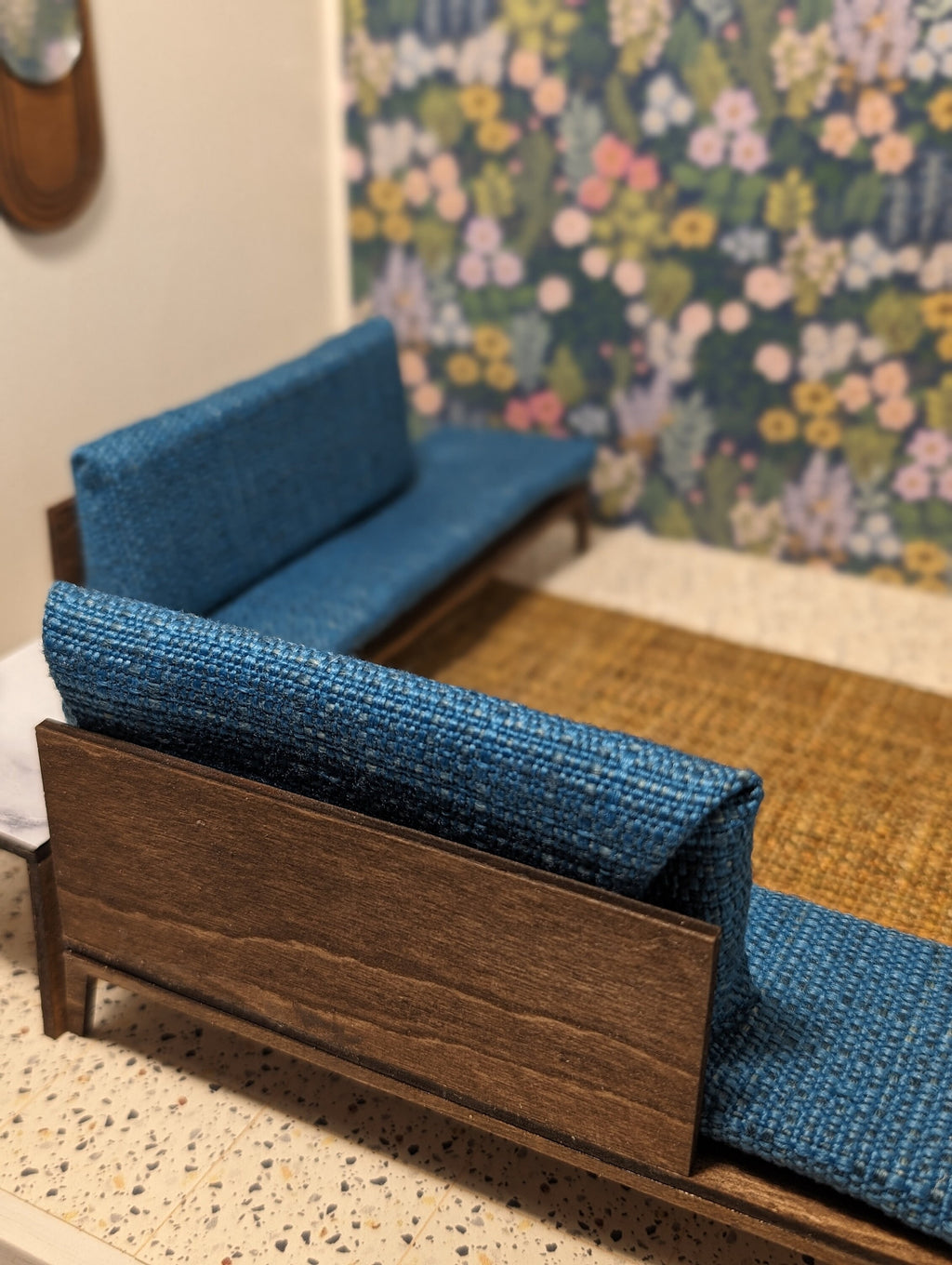 Miniature Mid-Century Modern Sectional Sofa & Marble Table - MCM Dollhouse Decor; Multiple Scales
