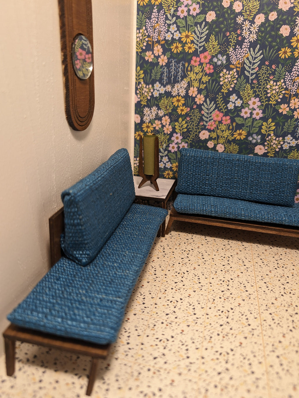 Miniature Mid-Century Modern Sectional Sofa & Marble Table - MCM Dollhouse Decor; Multiple Scales