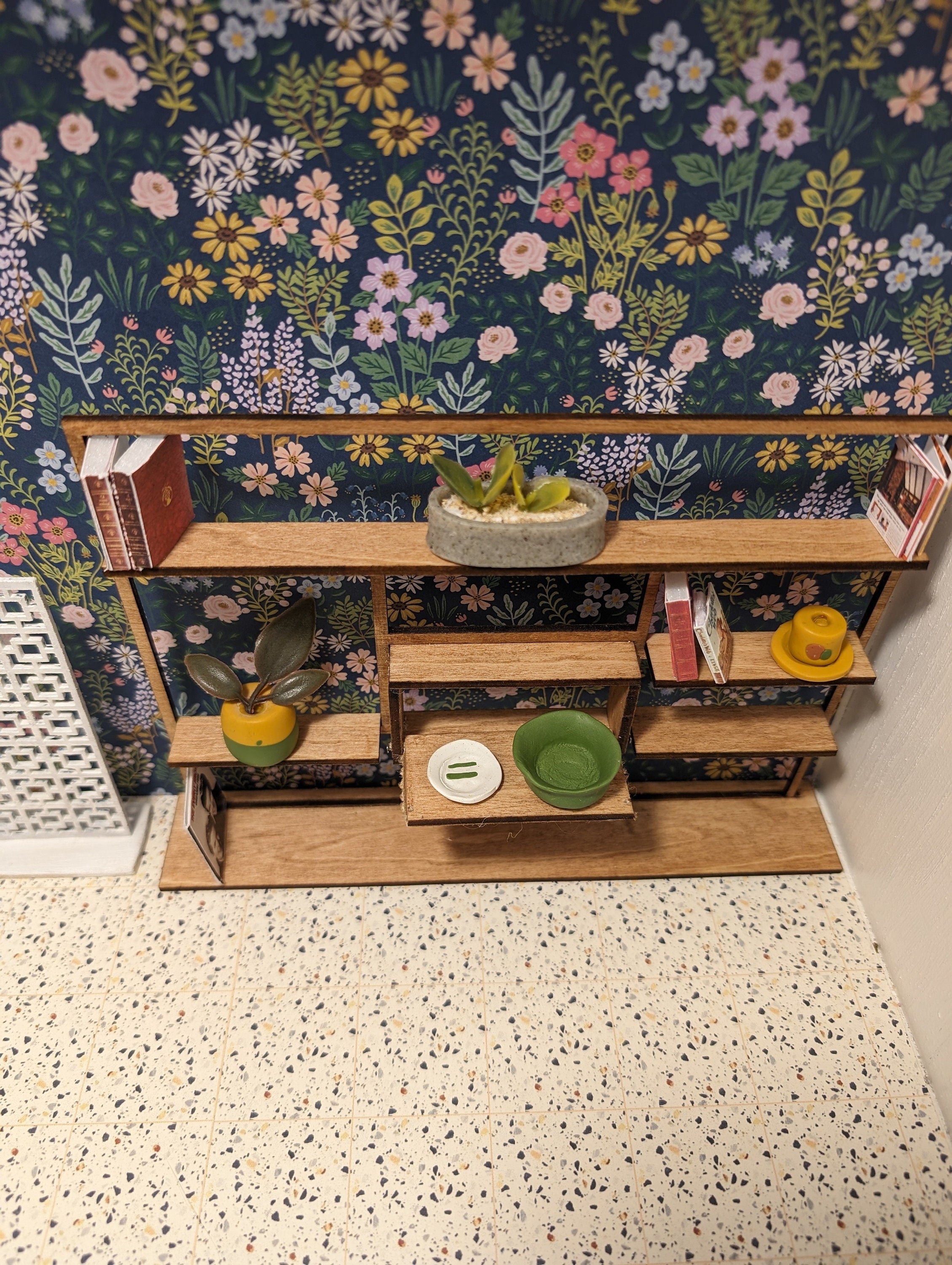 Mid Century Modern (MCM) Freestanding Bookshelf - Miniature 1:12 Scale; Room Box; Dollhouse Decor