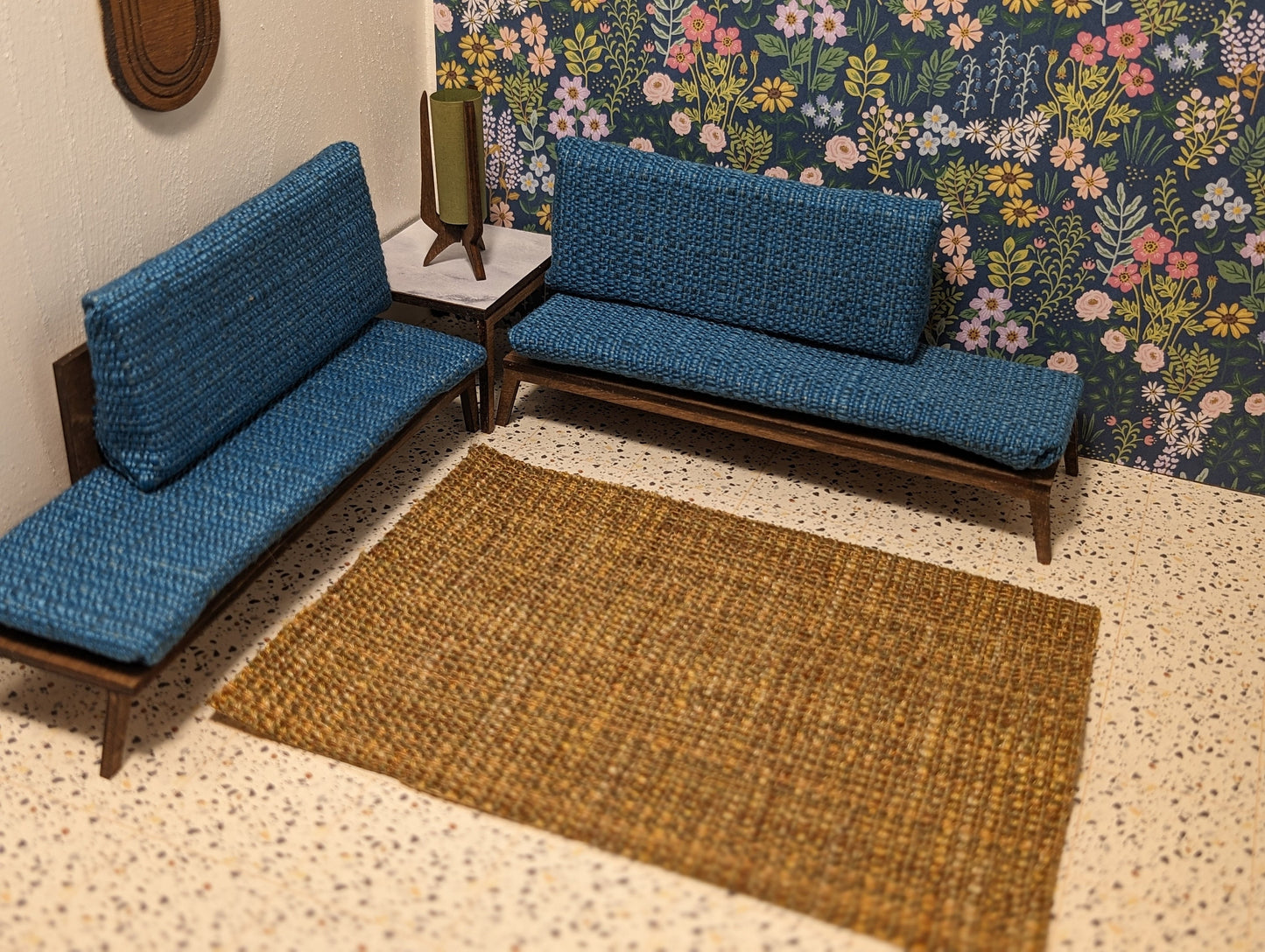 Mid Century Sectional Sofa & Side Table Set - Miniature 1:12 Scale; Room Box; Dollhouse Decor