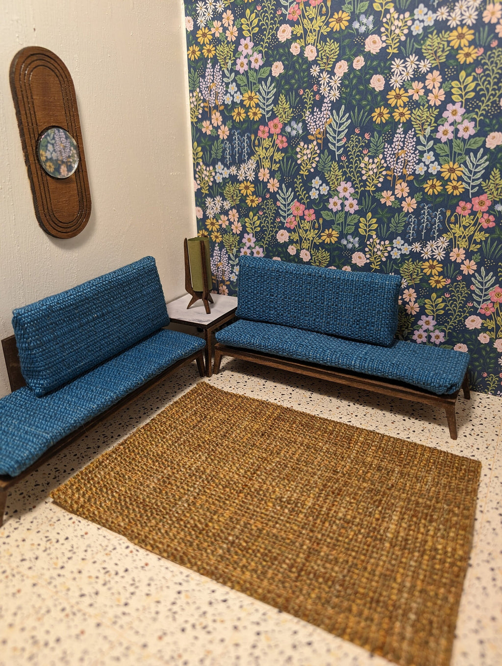 Miniature Mid-Century Modern Sectional Sofa & Marble Table - MCM Dollhouse Decor; Multiple Scales