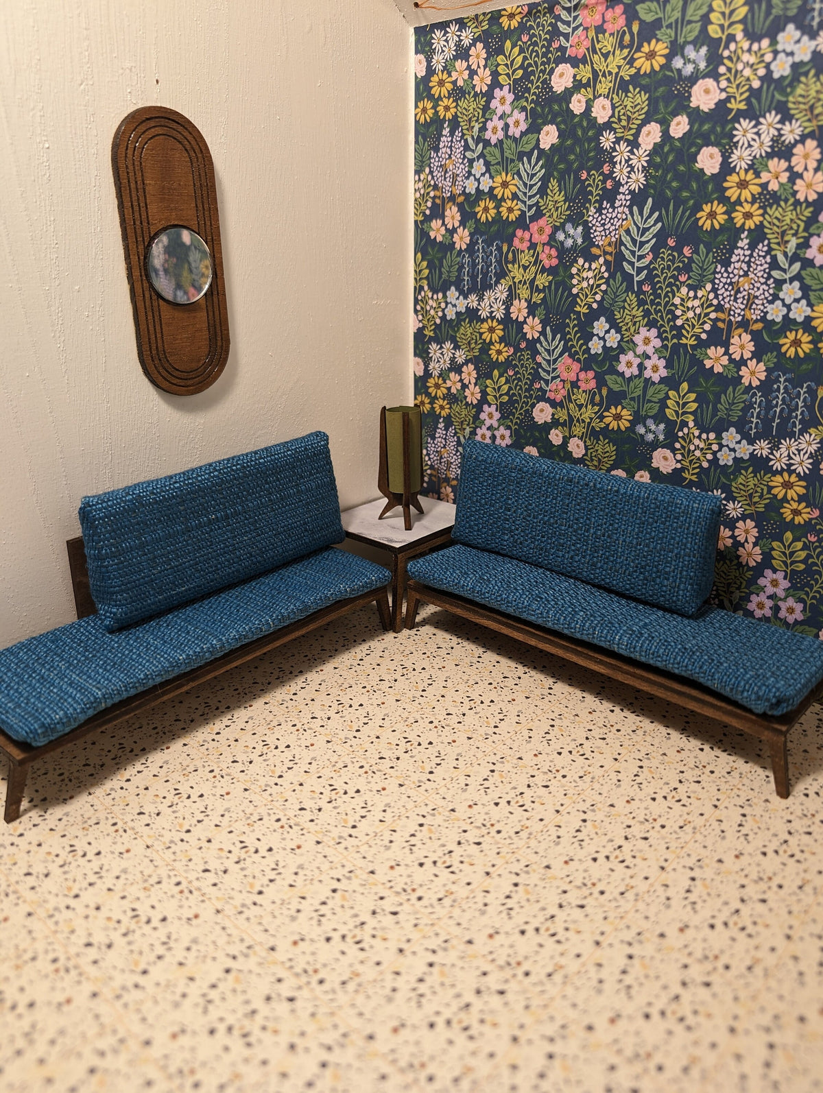 Miniature Mid-Century Modern Sectional Sofa & Marble Table - MCM Dollhouse Decor; Multiple Scales
