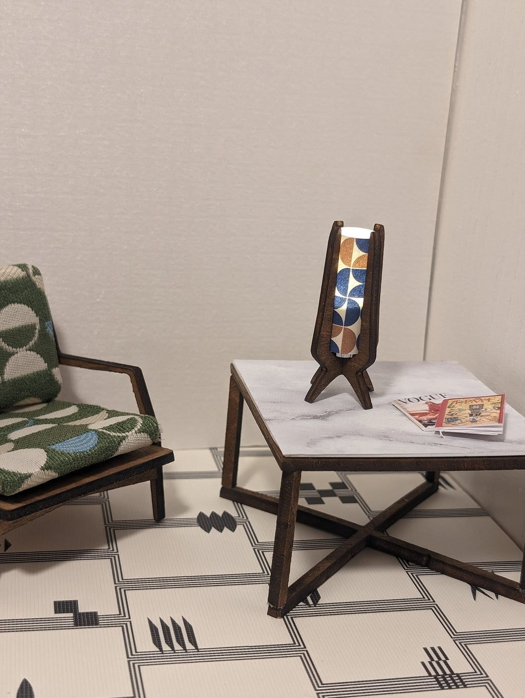 Mid Century Modern (MCM) Tower Table Lamp Miniature 1:12 Scale - Working LED light, Dollhouse Light, Room box Light