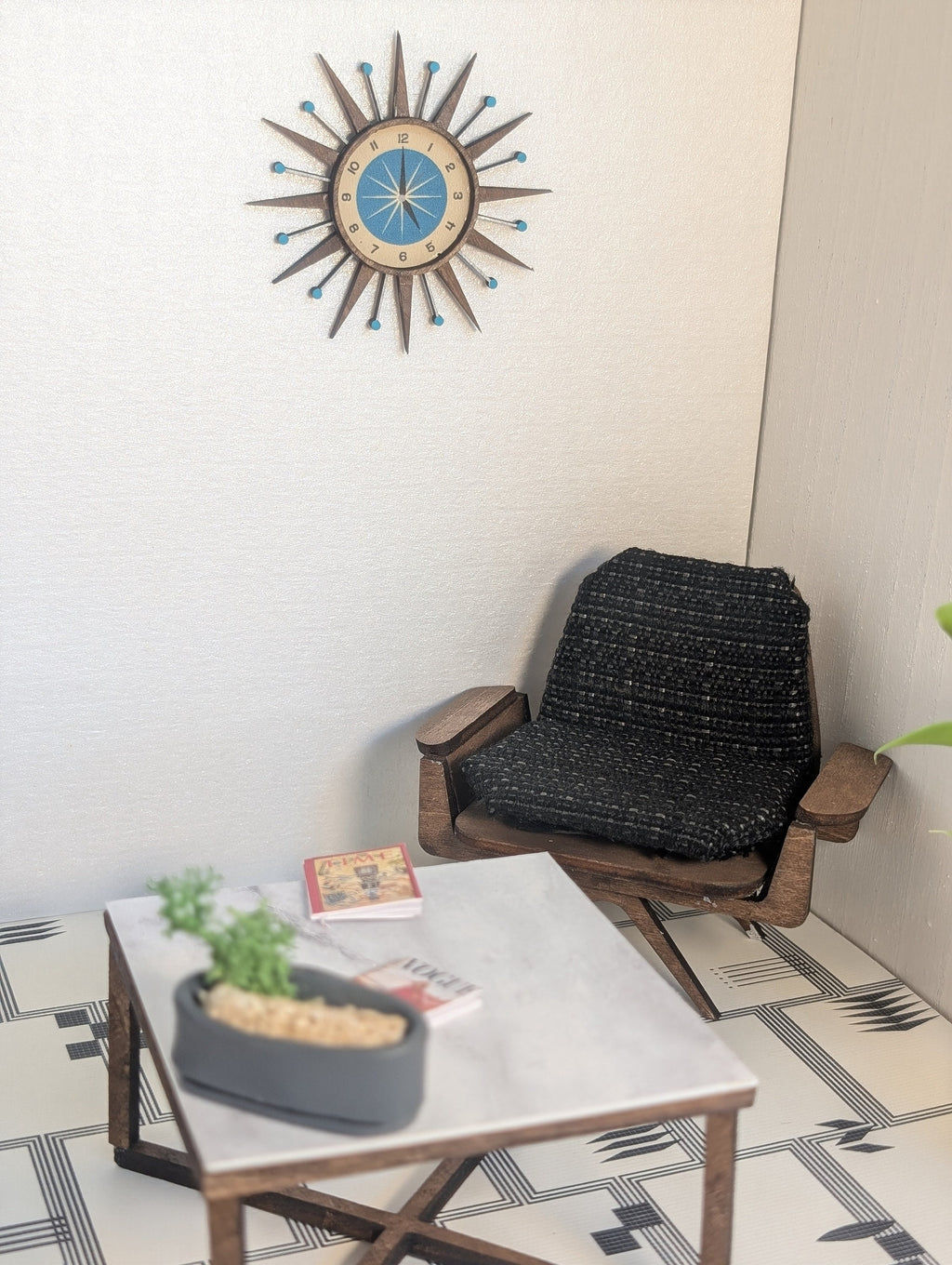 Curved MCM Arm Chair - Miniature 1:12 Scale - dollhouse chair, room box chair, mid-century miniature decor, diorama decor