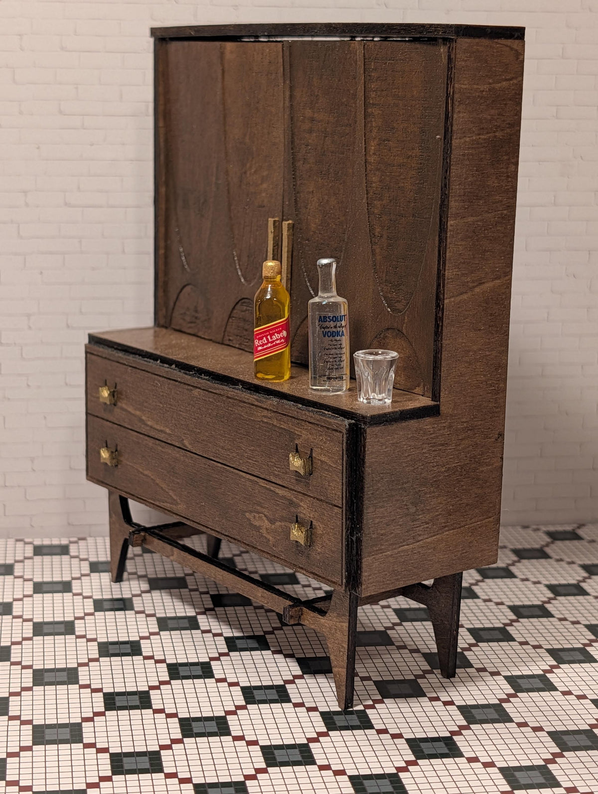 Mid Century Modern Bar Hutch – Walnut Finish Dollhouse Furniture (Multiple Scales)