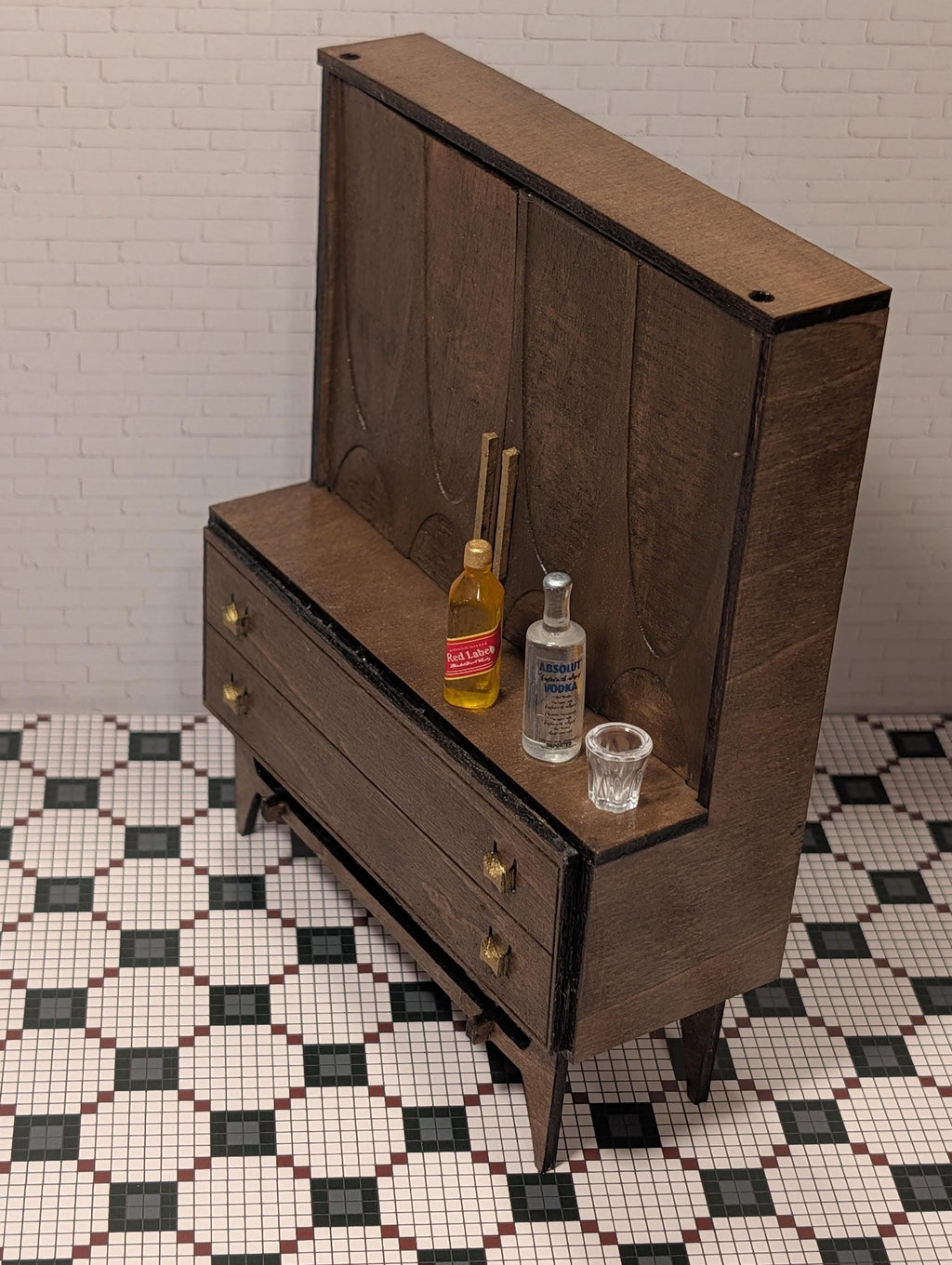 Mid Century Modern Bar Hutch – Walnut Finish Dollhouse Furniture (Multiple Scales)
