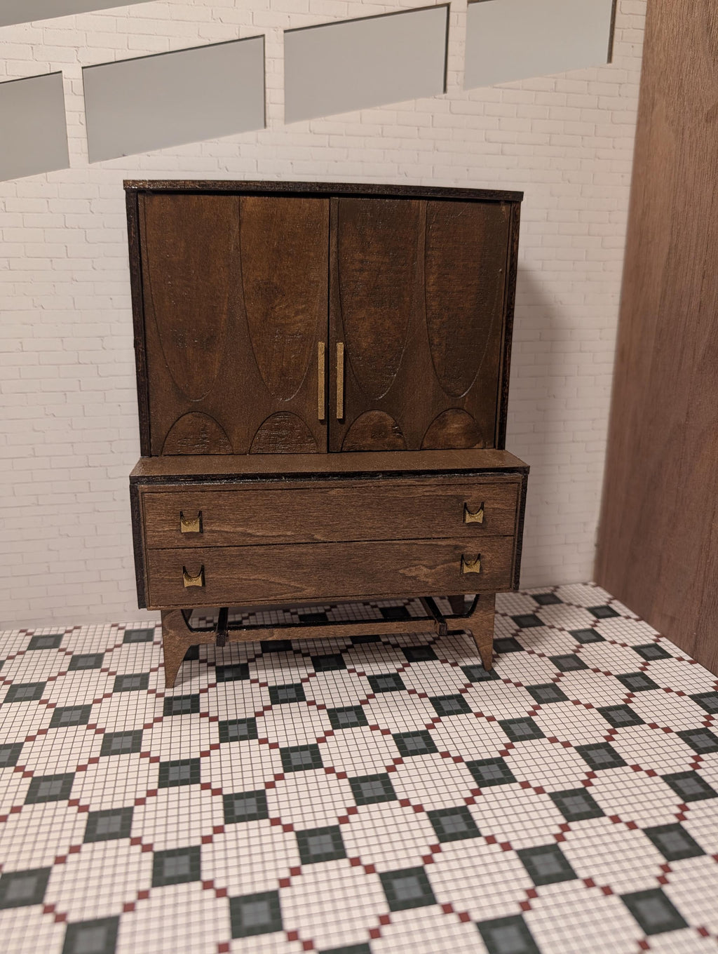 Mid Century Modern Bar Hutch – Walnut Finish Dollhouse Furniture (Multiple Scales)