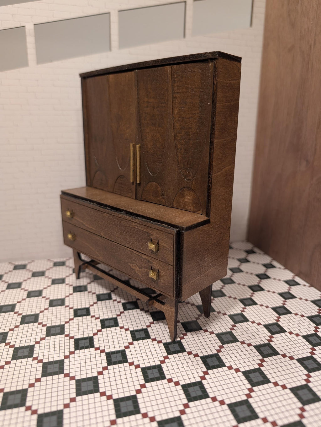 Mid Century Modern Bar Hutch – Walnut Finish Dollhouse Furniture (Multiple Scales)