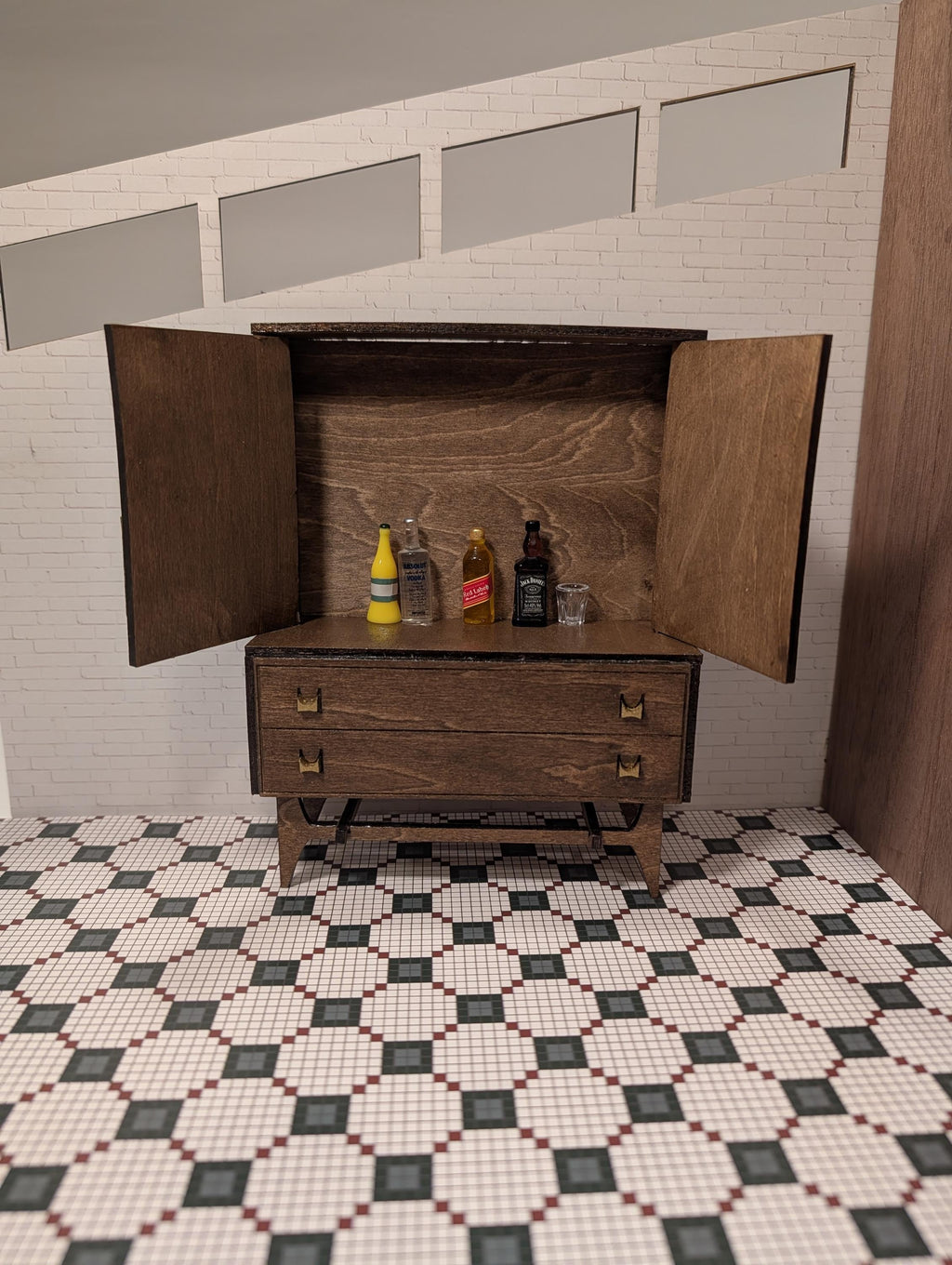 Mid Century Modern Bar Hutch – Walnut Finish Dollhouse Furniture (Multiple Scales)