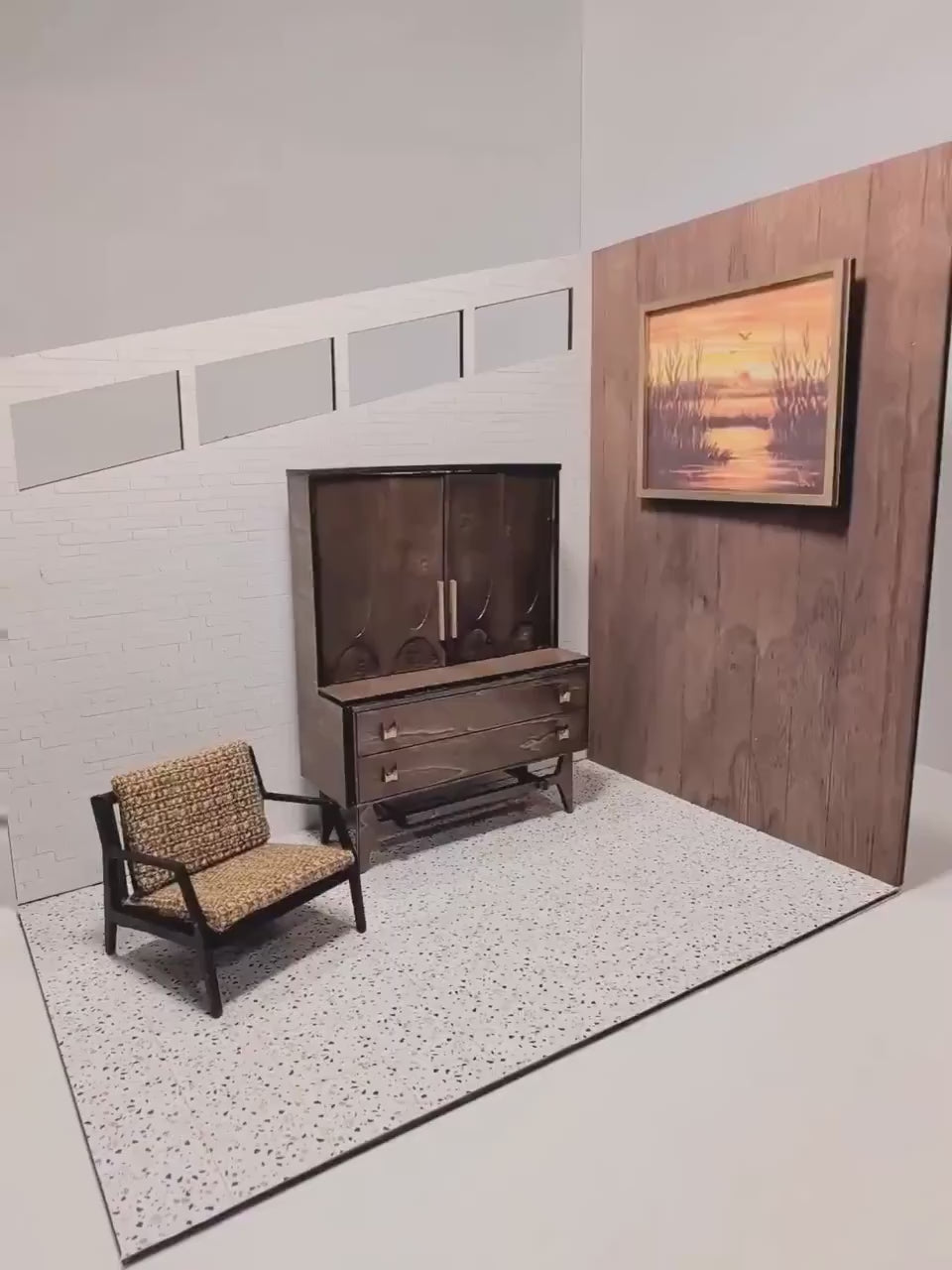 Mid Century Modern Bar Hutch – Walnut Finish Dollhouse Furniture (Multiple Scales)